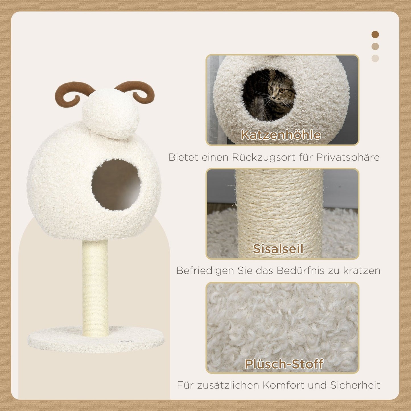 Cat tree with cave & sisal rope, 80 cm, cream white