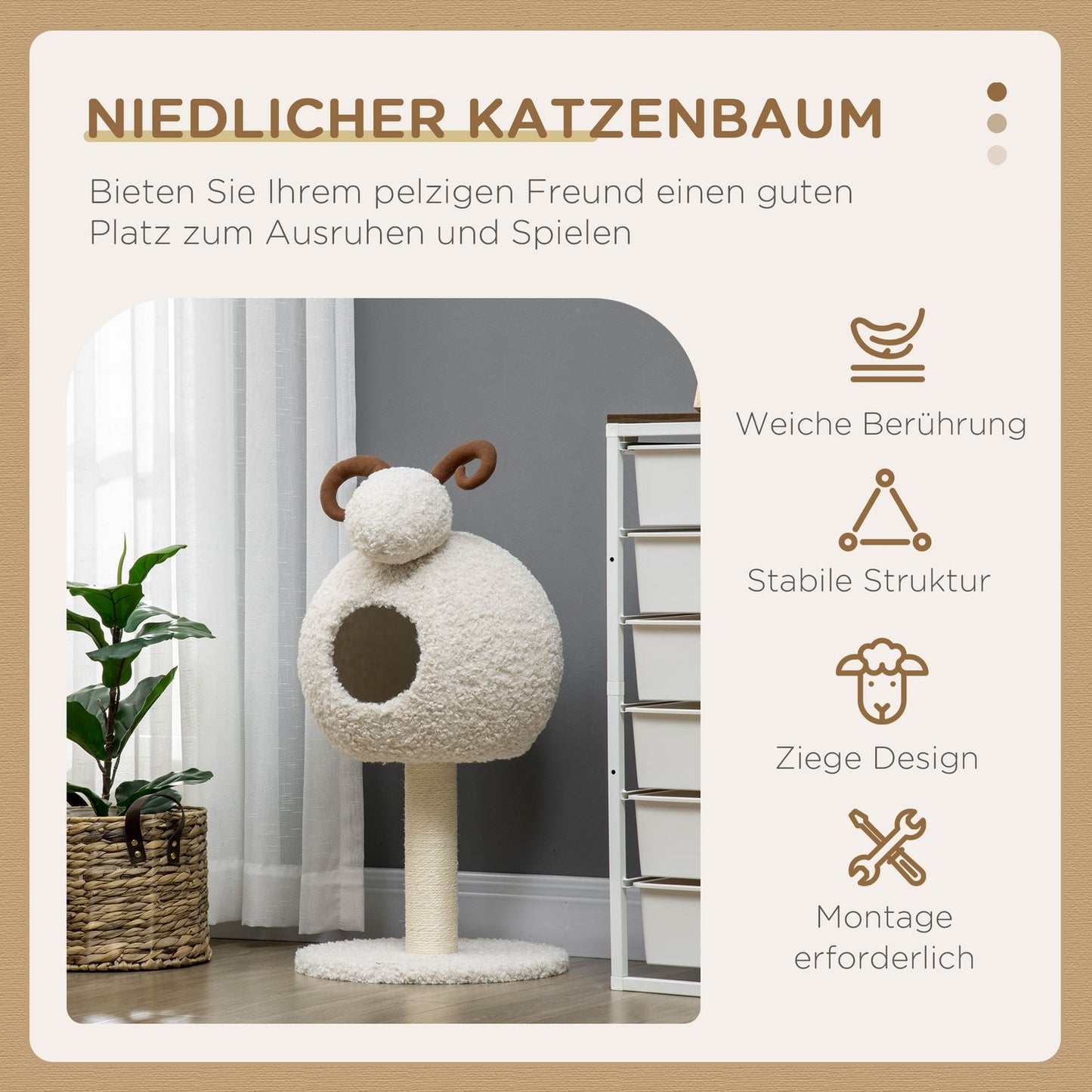 Cat tree with cave & sisal rope, 80 cm, cream white
