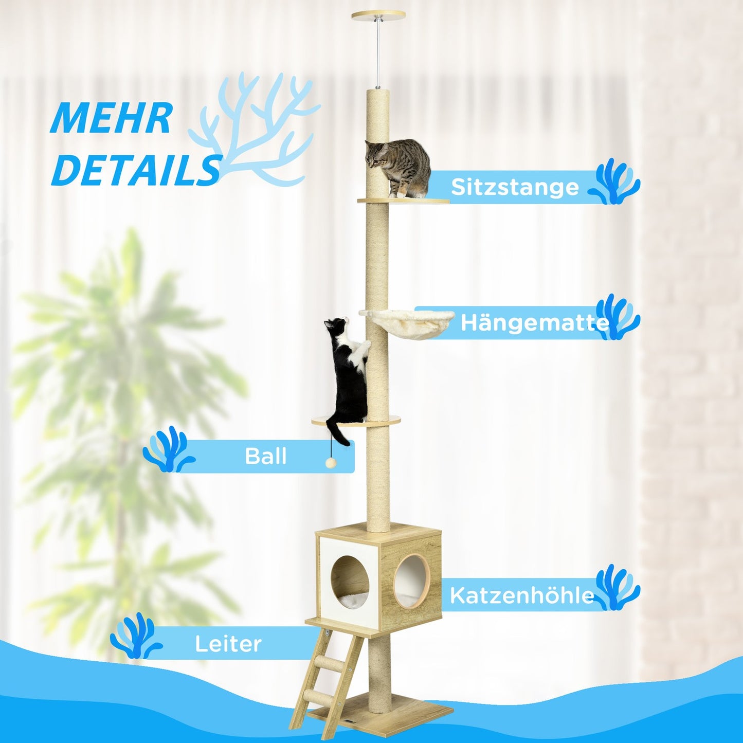 Cat scratching post with high ceiling with house and hammock