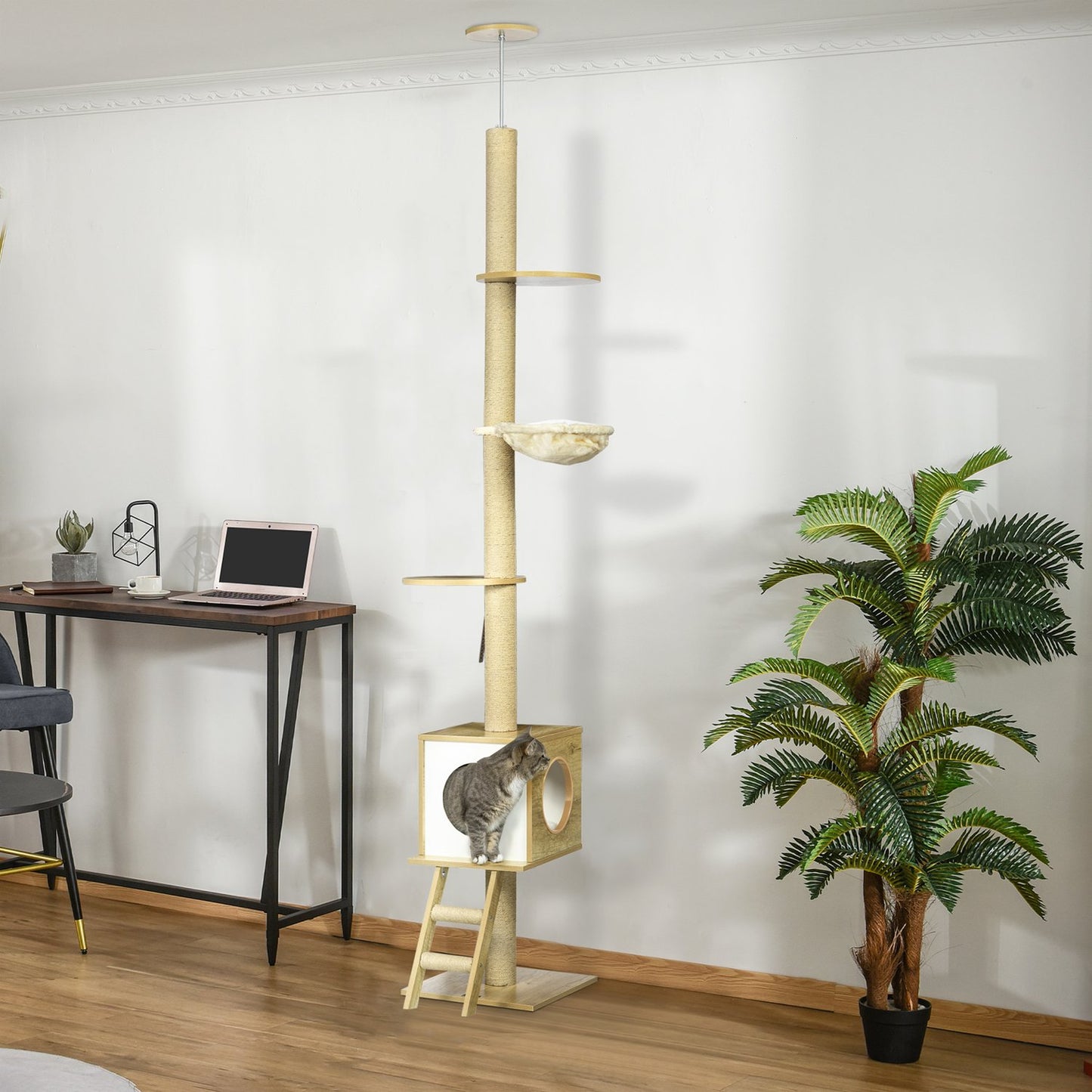 Cat scratching post with high ceiling with house and hammock
