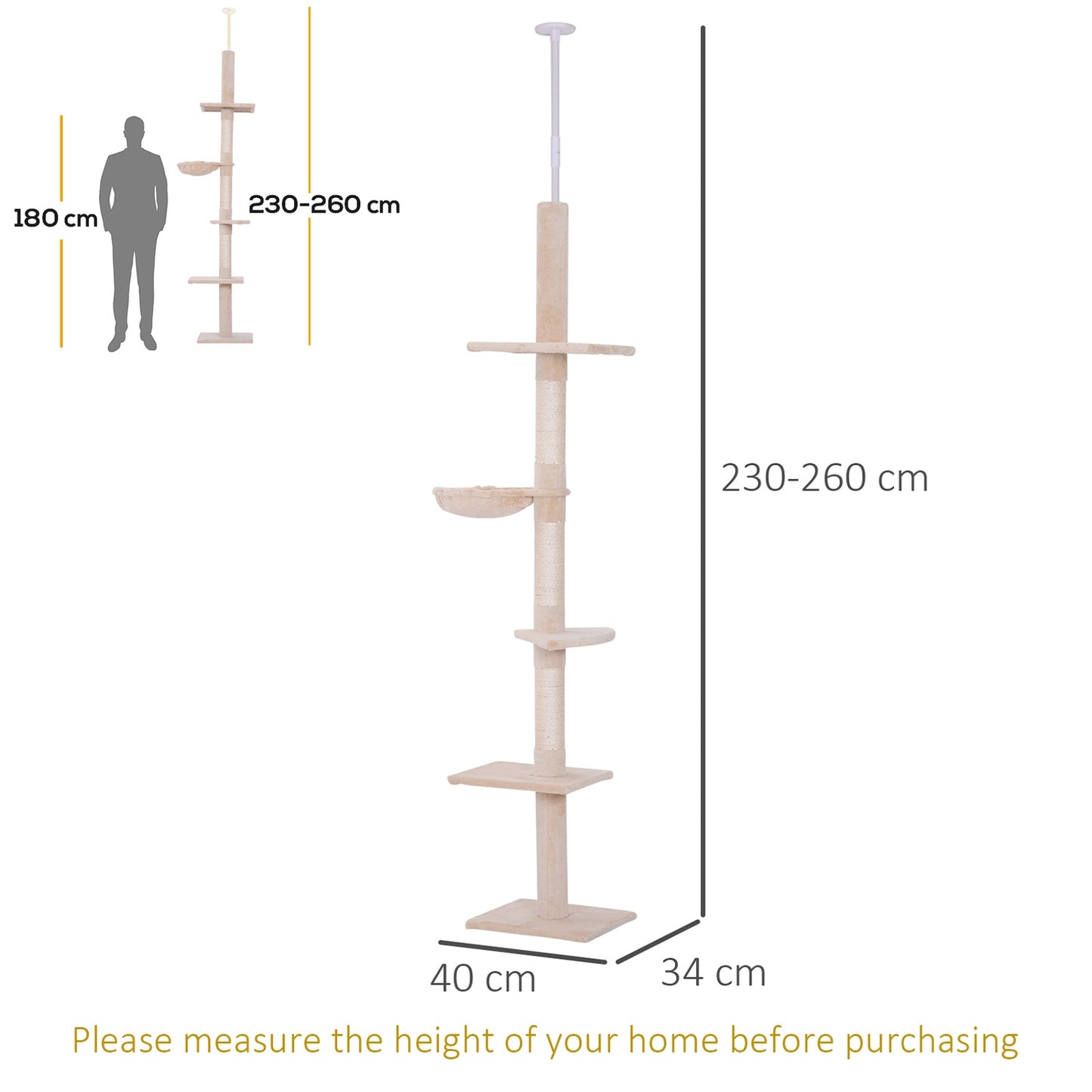 Adjustable beige cat tower with sisal for climbing, 230-260cm