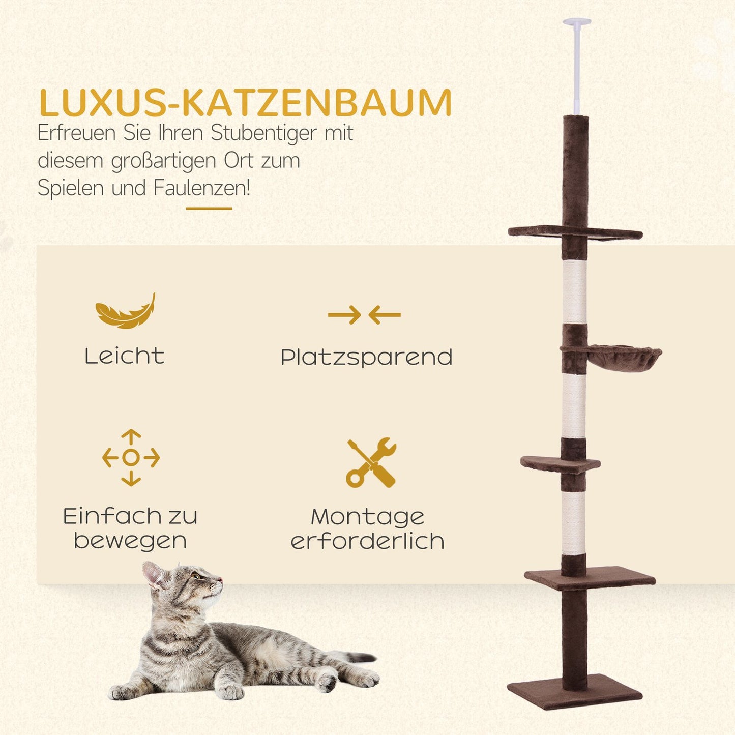 Height-adjustable cat tree with sisal columns, brown