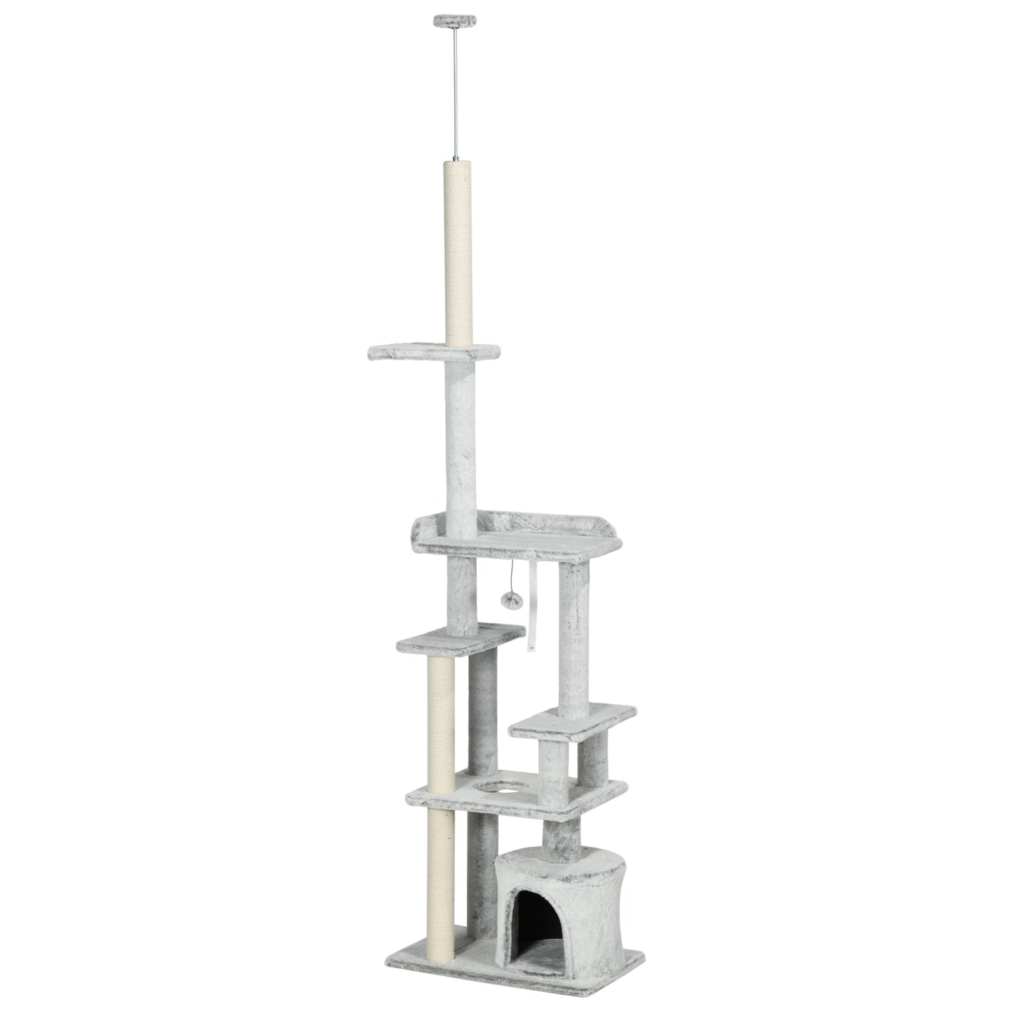 Cat tree with high ceiling, scratching post, light grey, 225-255 cm