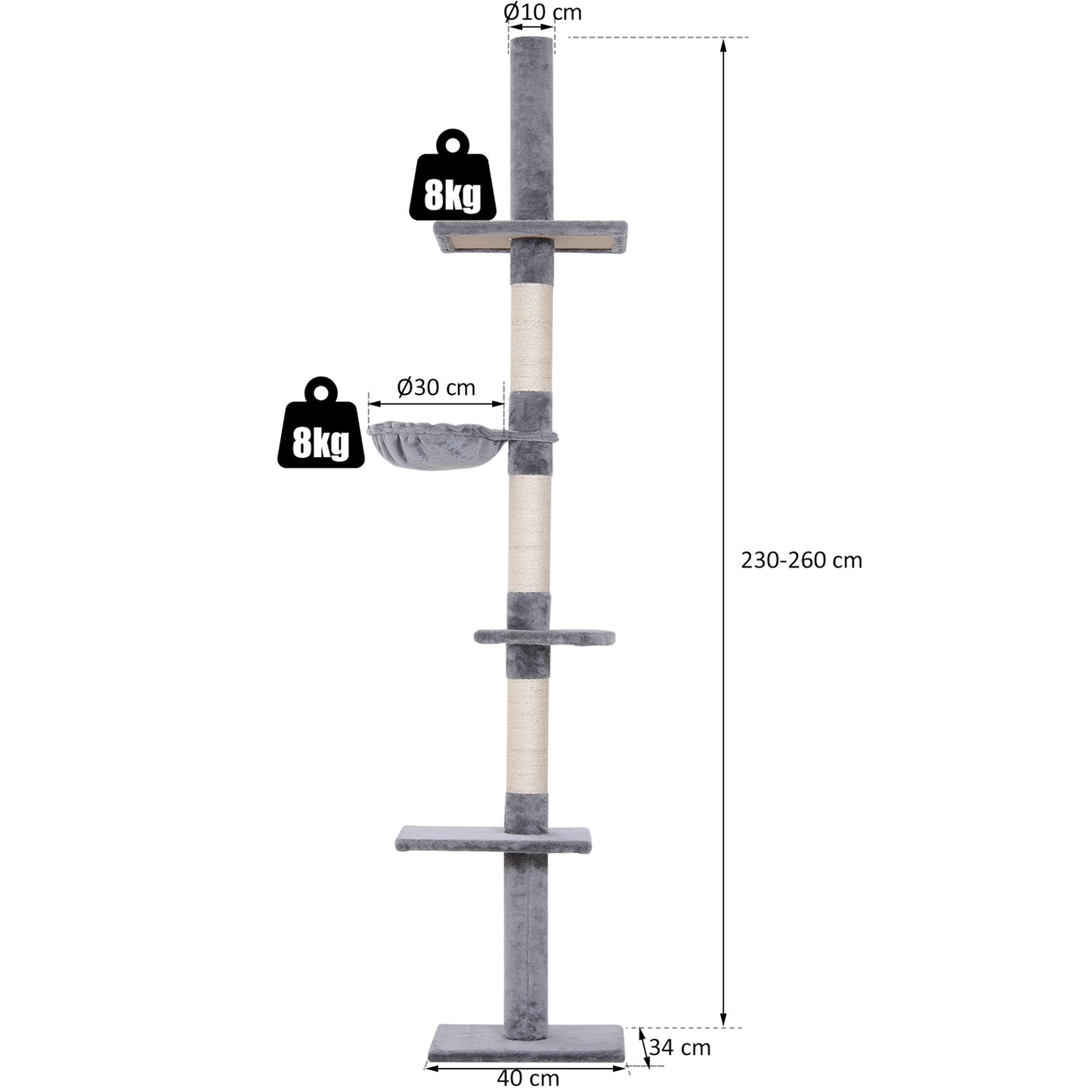 High ceiling, gray cat tree with adjustable height and sisal