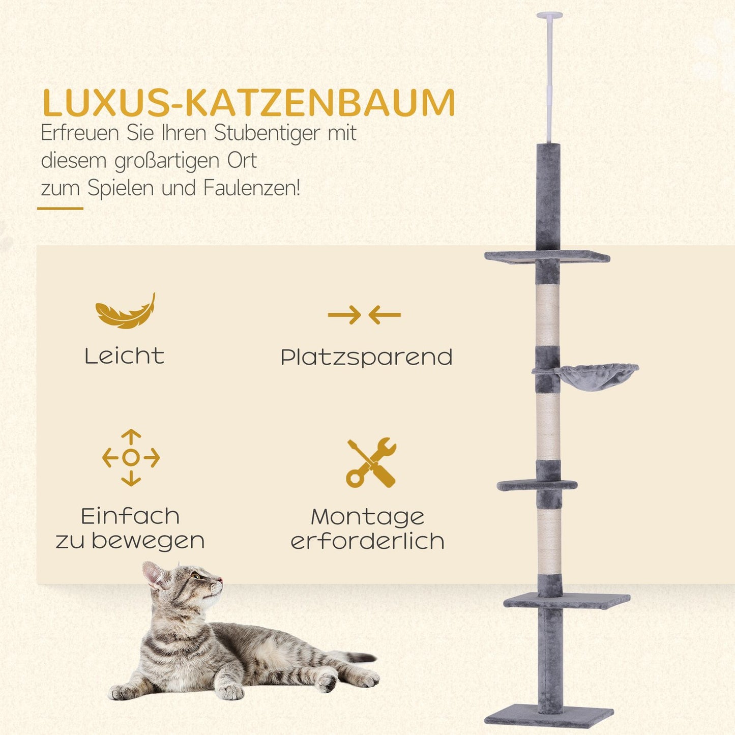 High ceiling, gray cat tree with adjustable height and sisal