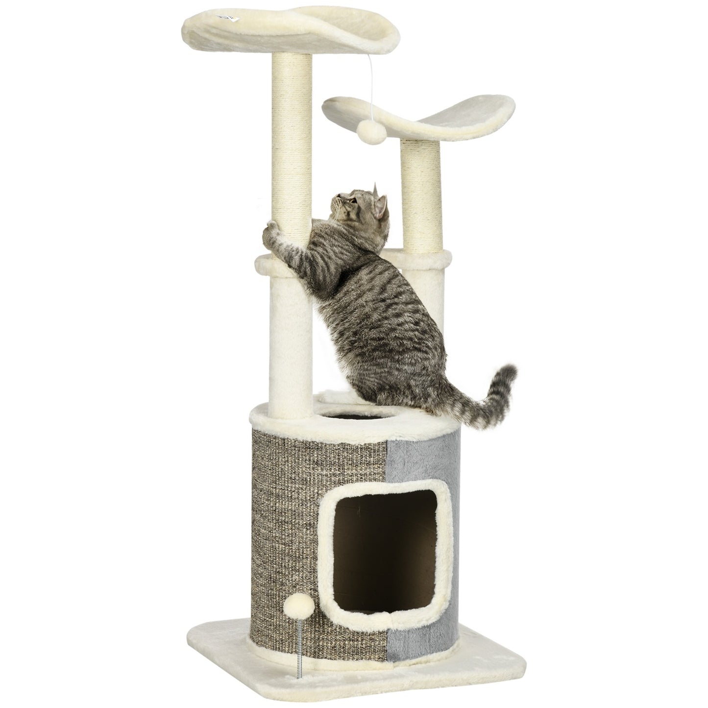 Cat scratching post with cave, platform and play ball, cream white