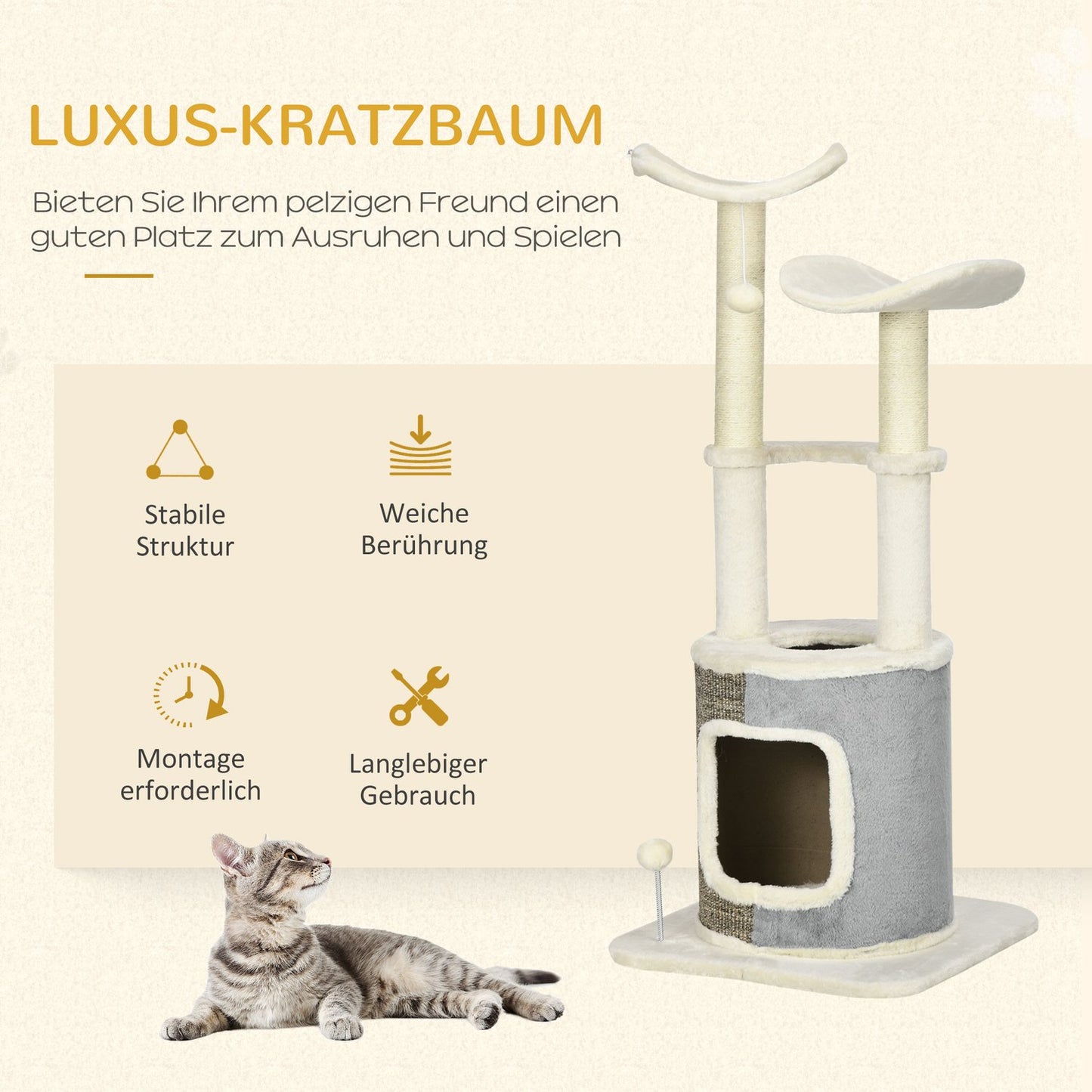 Cat scratching post with cave, platform and play ball, cream white