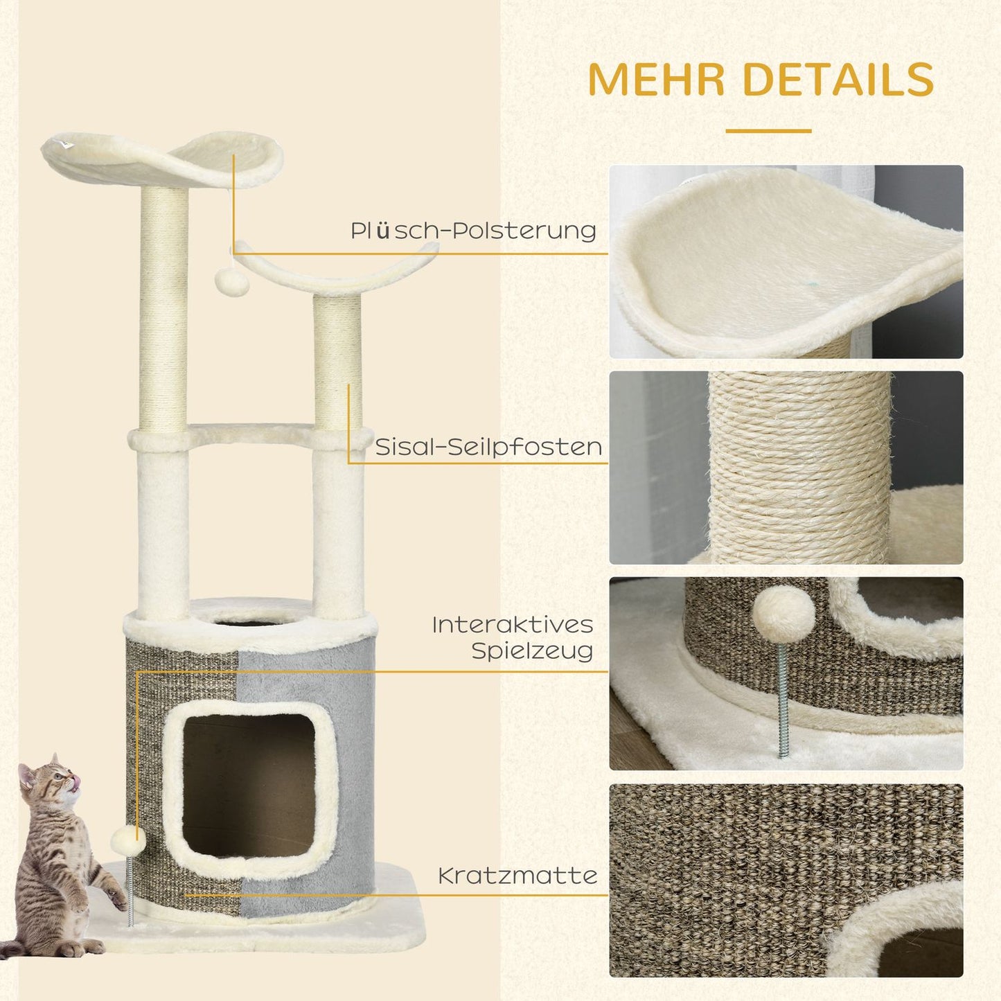 Cat scratching post with cave, platform and play ball, cream white
