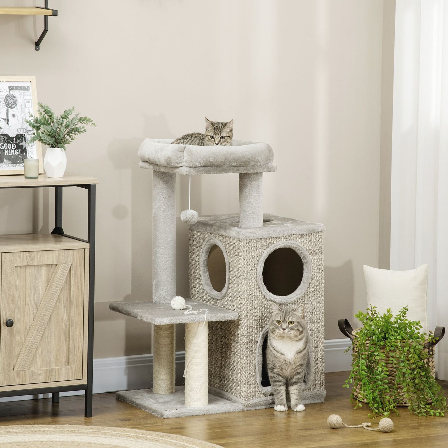 Cat Scratching Tower, light gray - twin caves and sisal posts, 91 cm