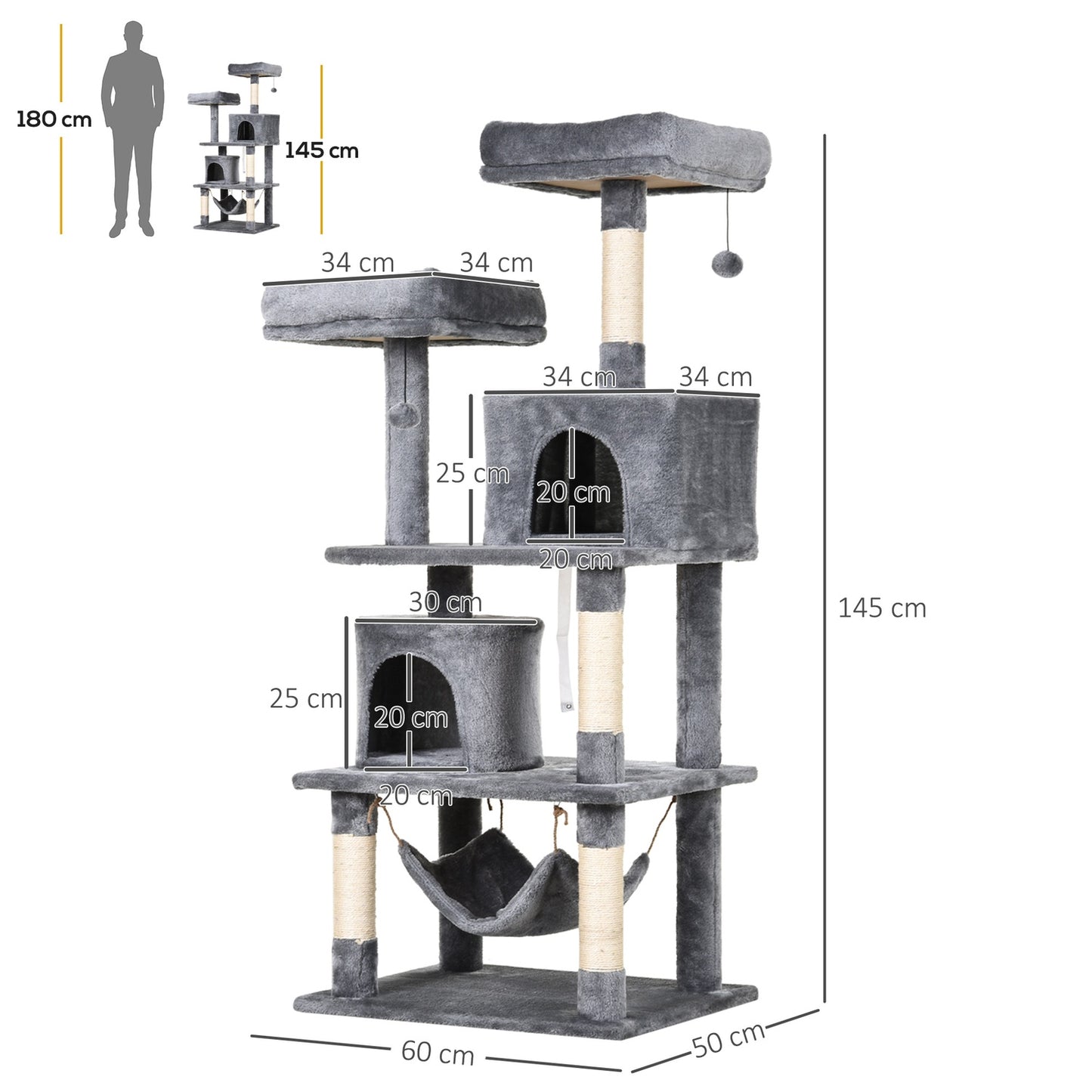 Cat climbing tree with cave, sisal poles, 60x50x145 cm