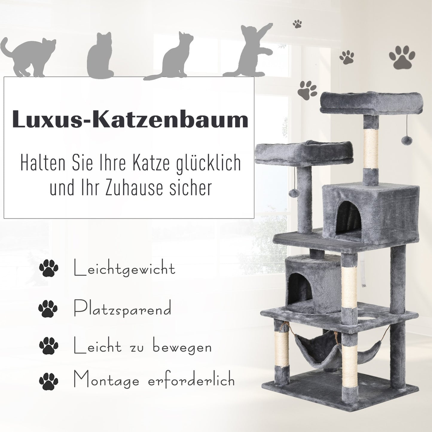 Cat climbing tree with cave, sisal poles, 60x50x145 cm