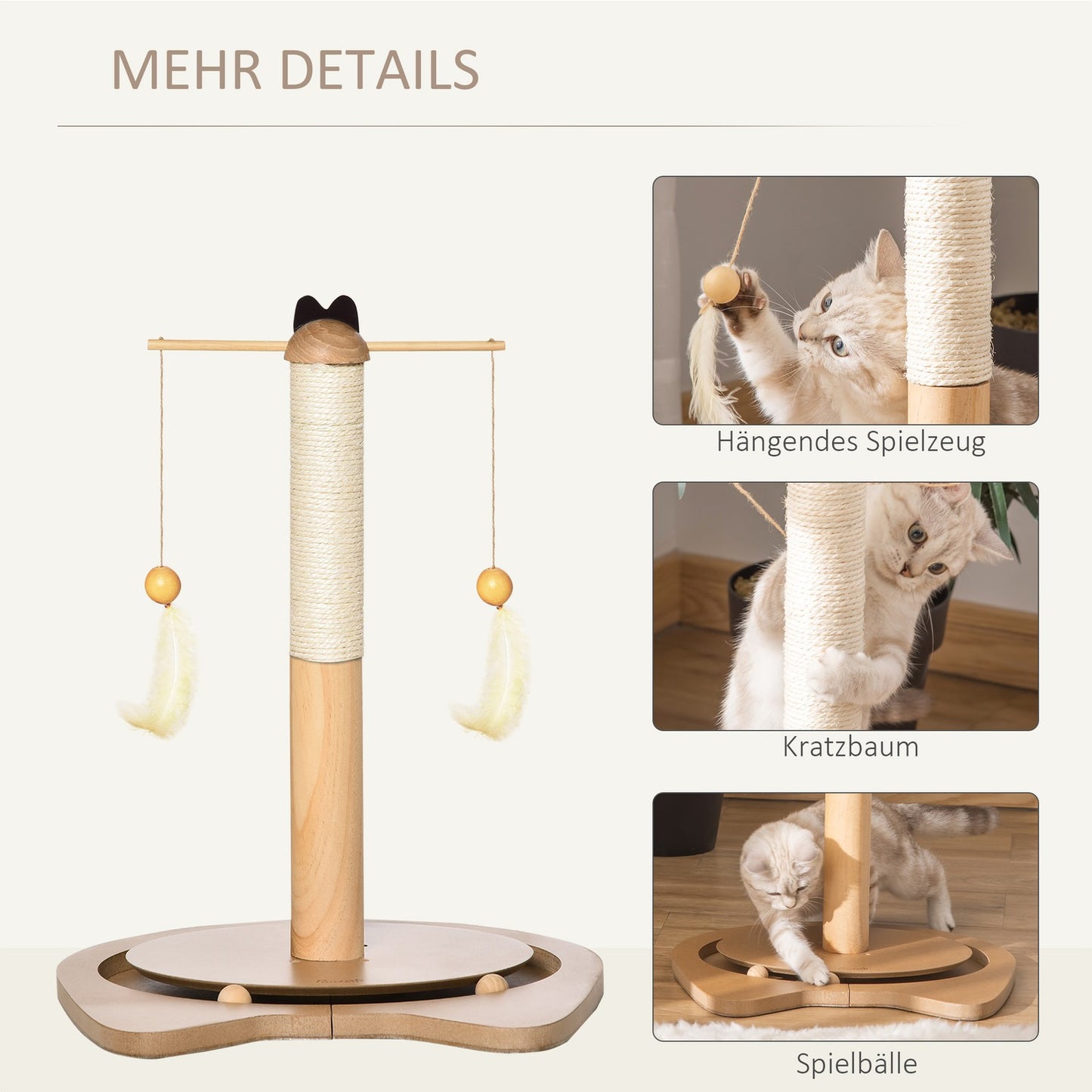 Cat scratching post with toy ball & spring, MDF & Sisal, 51 cm
