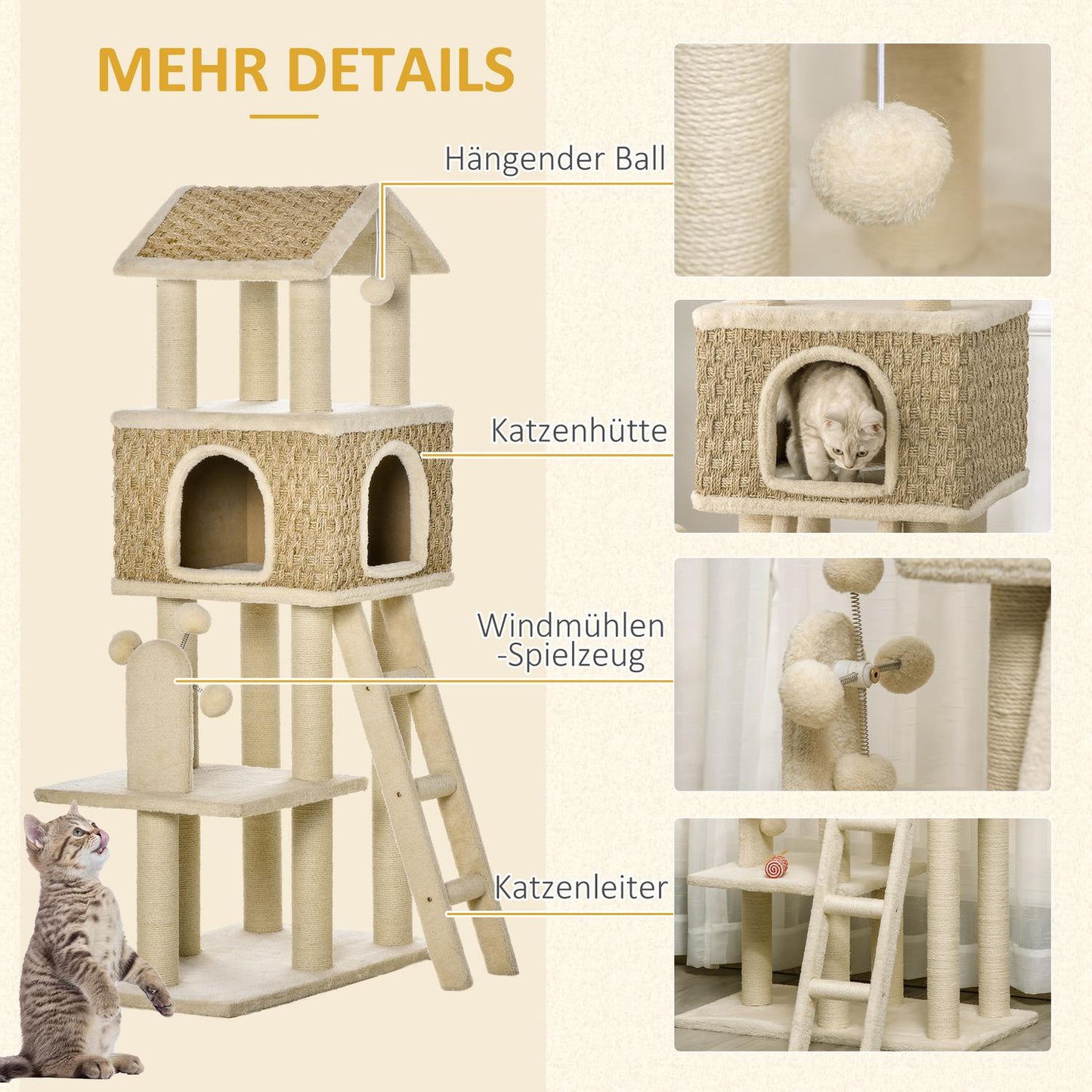 Large cat scratching post with cave and toys - 130 cm