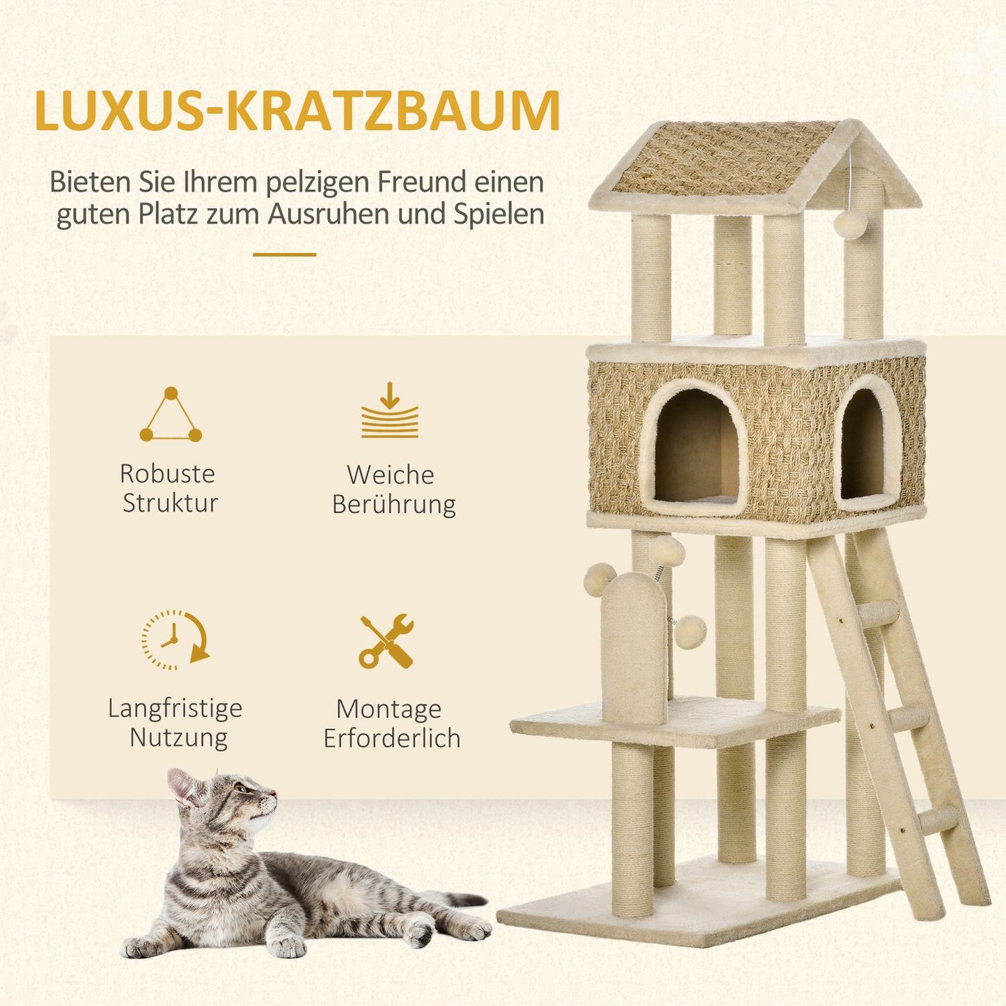 Large cat scratching post with cave and toys - 130 cm