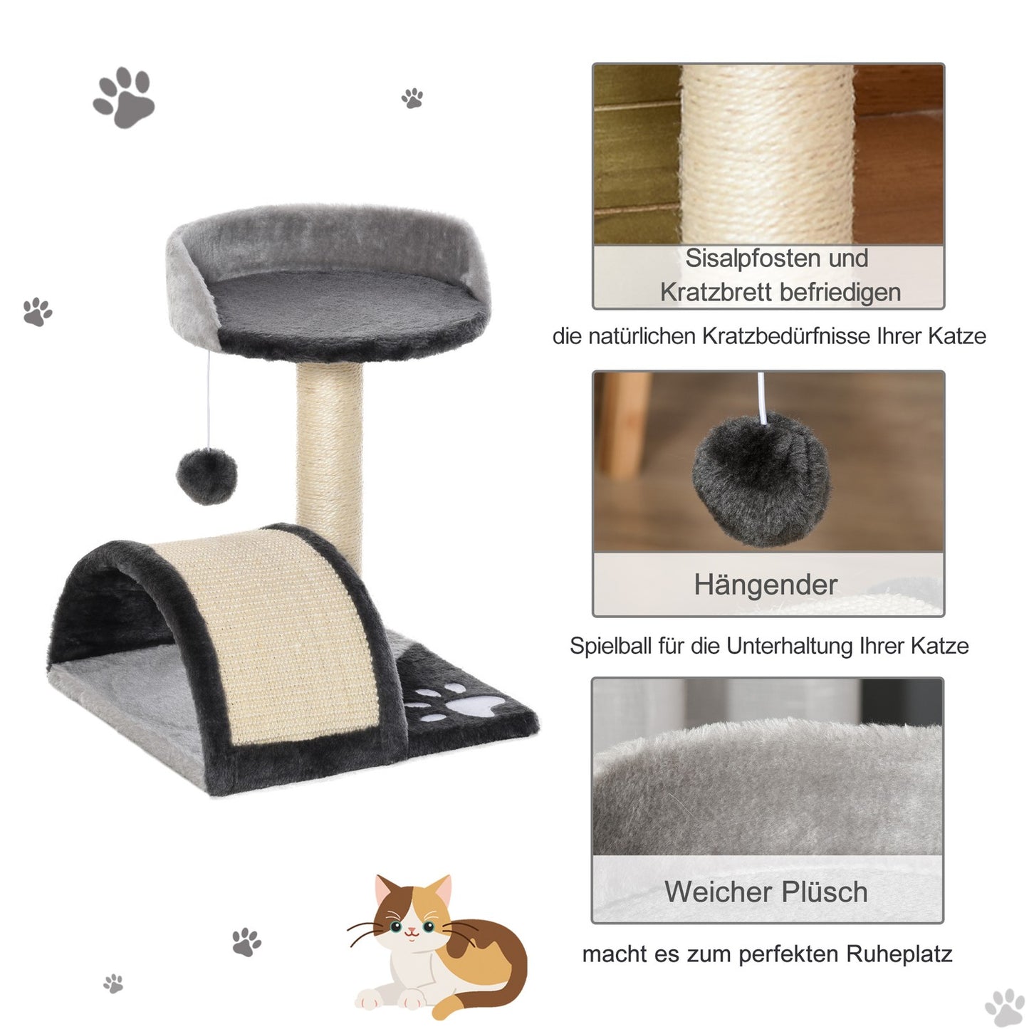 Gray cat tree with sisal poles & play balls - 35.5x37x46cm