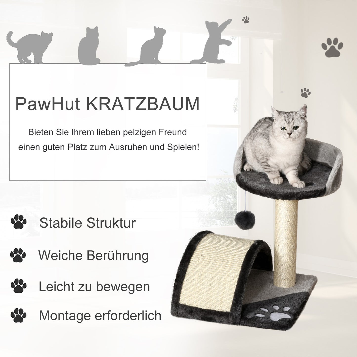 Gray cat tree with sisal poles & play balls - 35.5x37x46cm