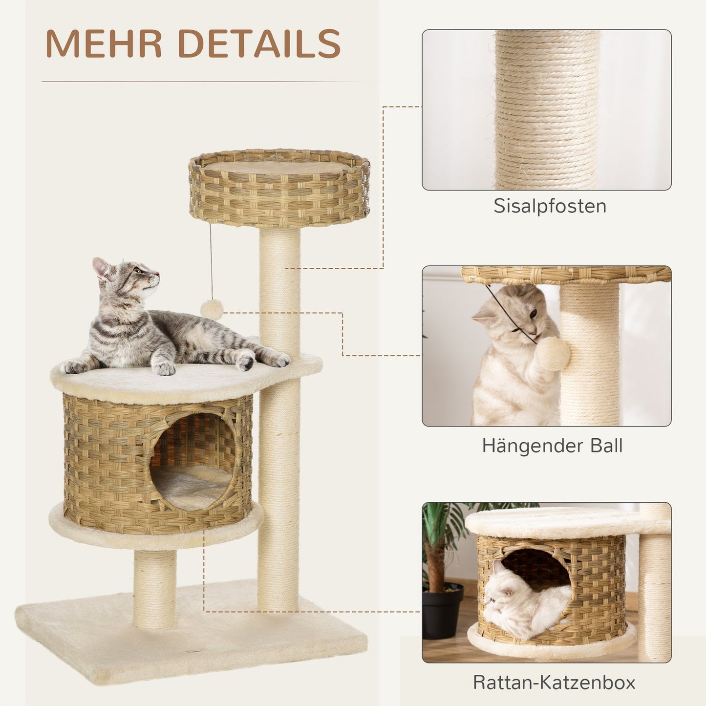 Cat tree with caves and sisal posts, natural rattan, 95 cm