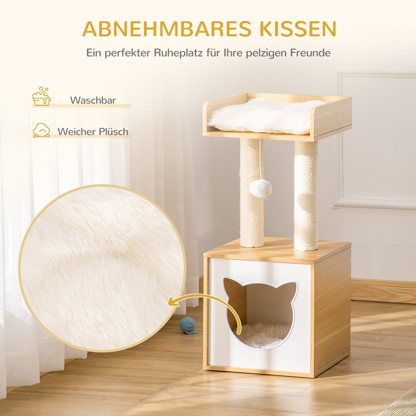 Cat scratching post with cave, toys and cushions, 81 cm long