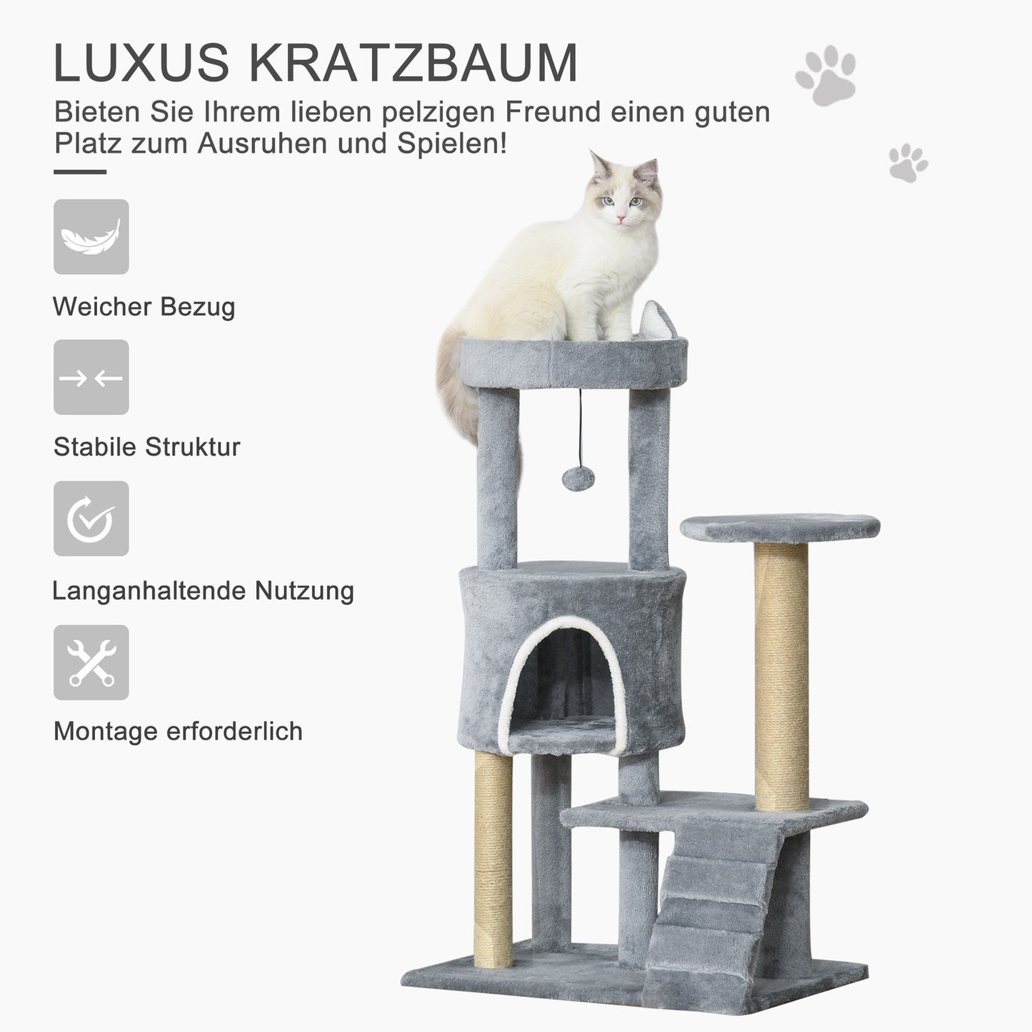 Cat climbing tree with scratching post and cave, grey, 100 cm