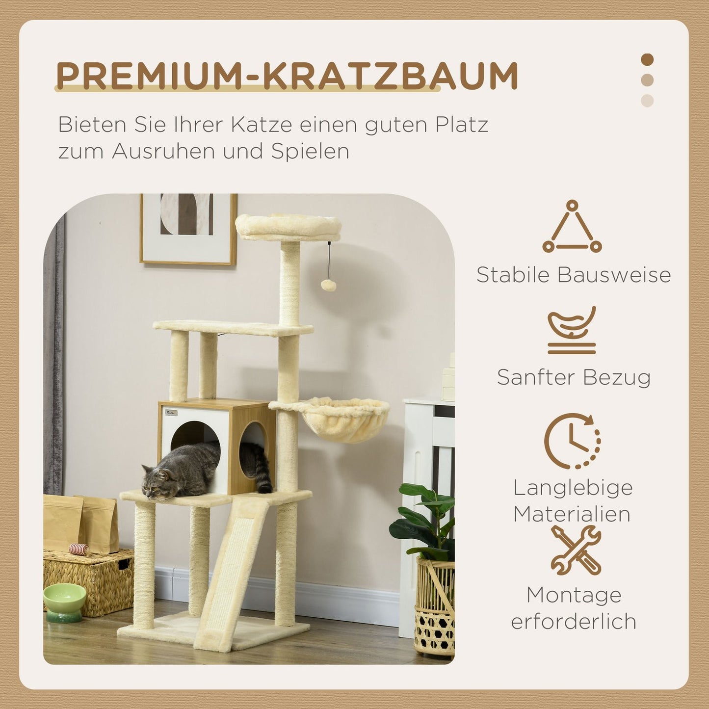 Cat scratching post with cave, play ball, sisal platforms