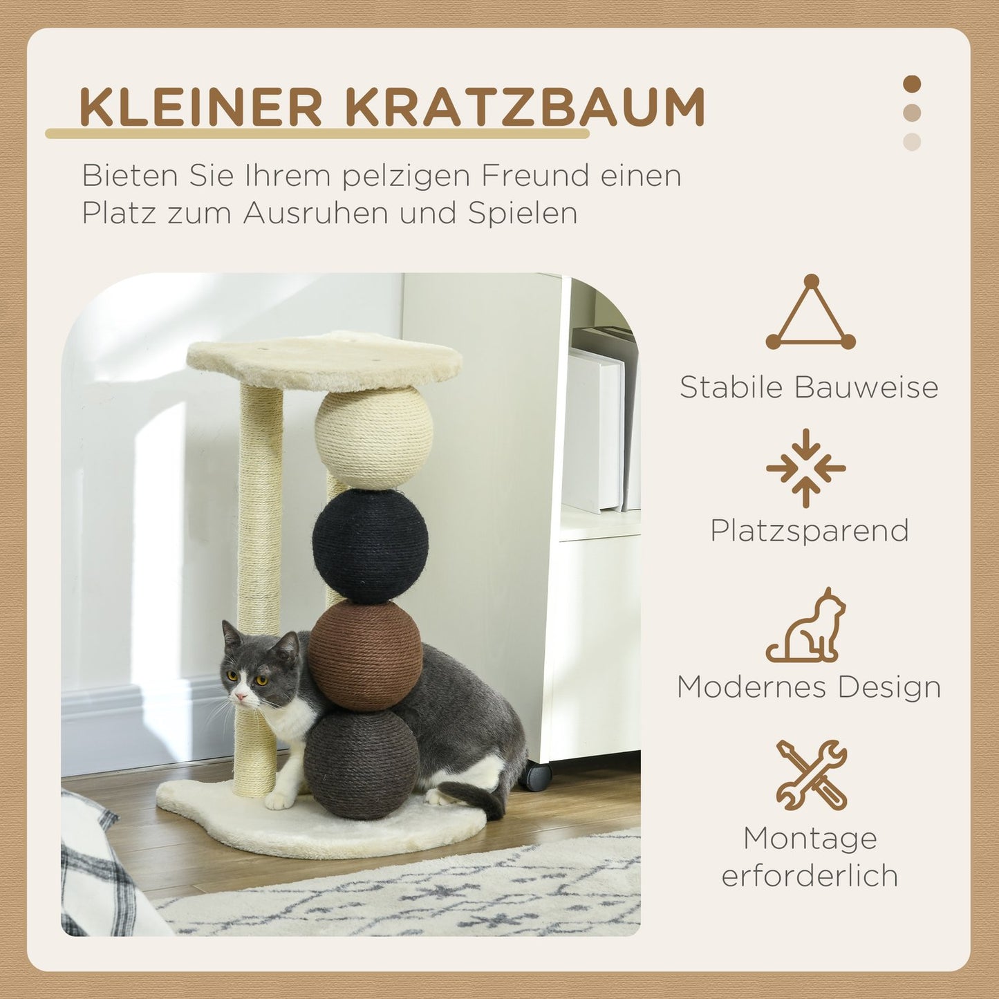 Cat scratching post with platform, sisal posts and balls, 38x38x64cm