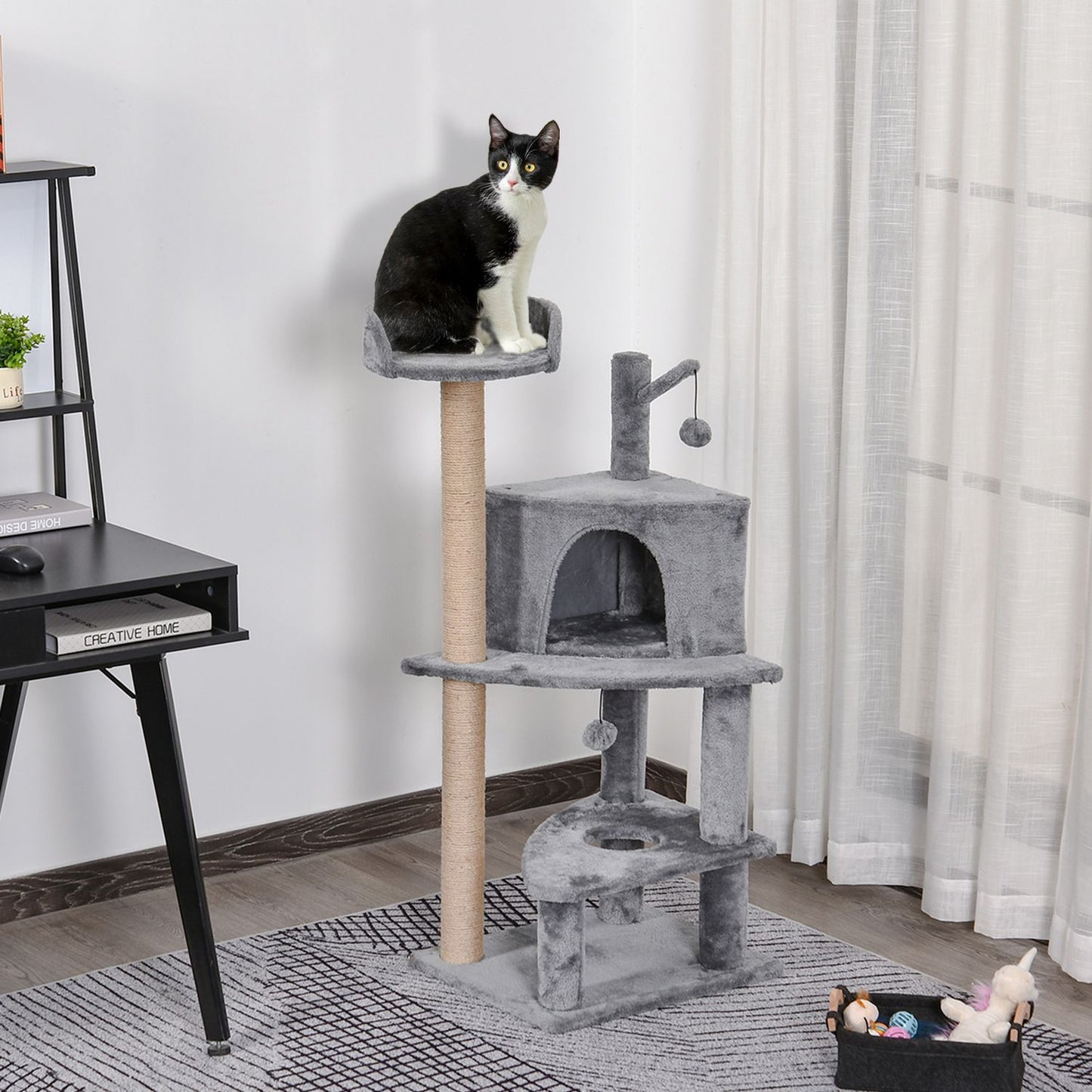 Cat scratching post with toys and house, Grey, 50x40x112 cm