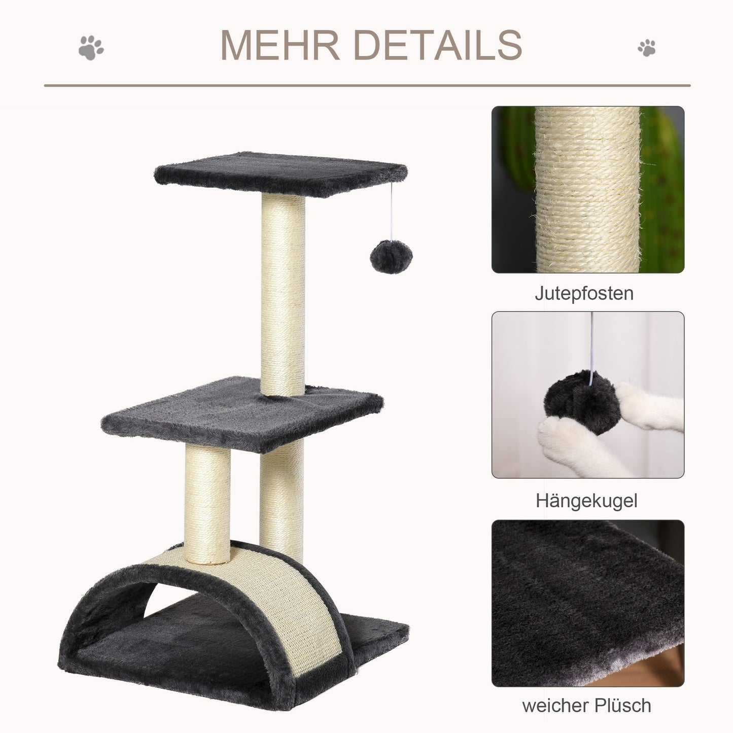 Cat scratching post, dark gray sisal plush, 40x35x72 cm