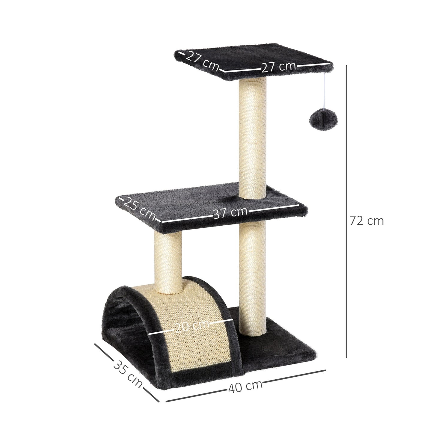 Cat scratching post, dark gray sisal plush, 40x35x72 cm