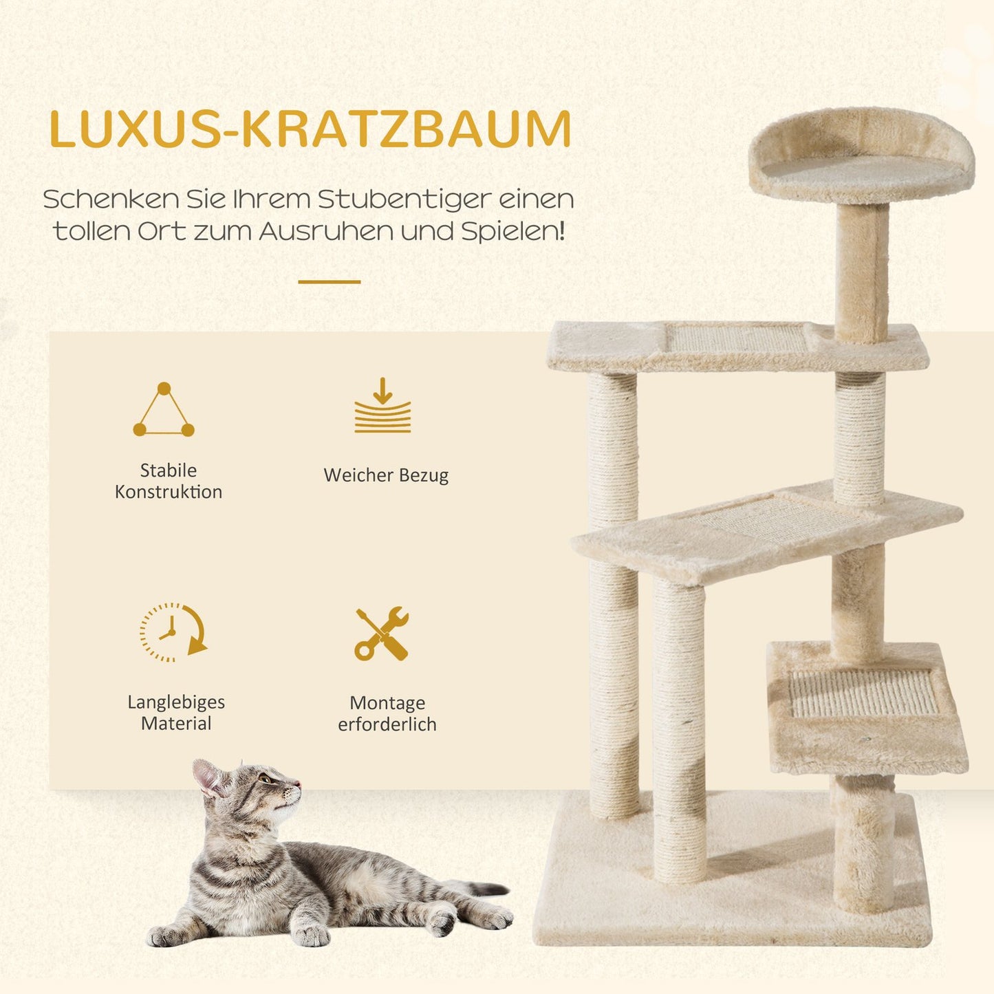 Cat scratching post, sisal columns, beige, 50x50x100 cm