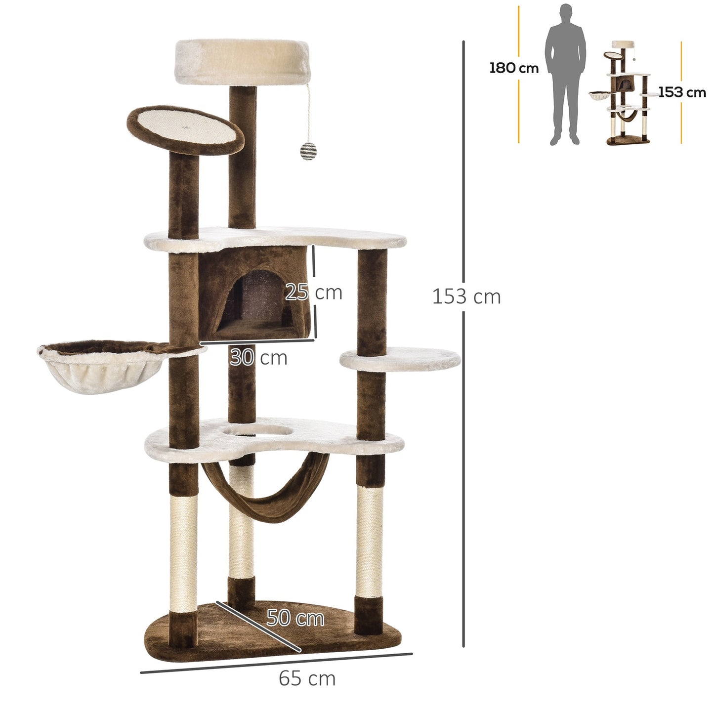 XXL Multi-level cat tree with hammock and cave, brown