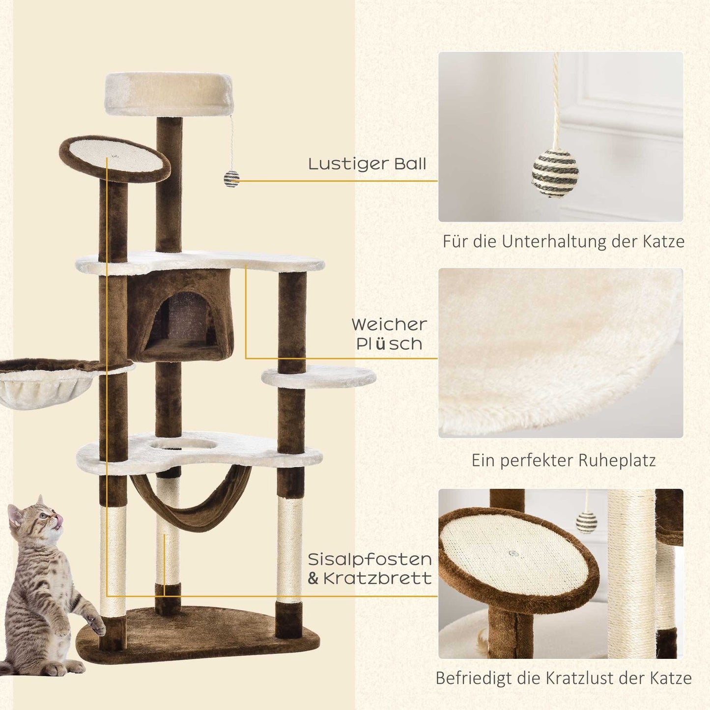 XXL Multi-level cat tree with hammock and cave, brown