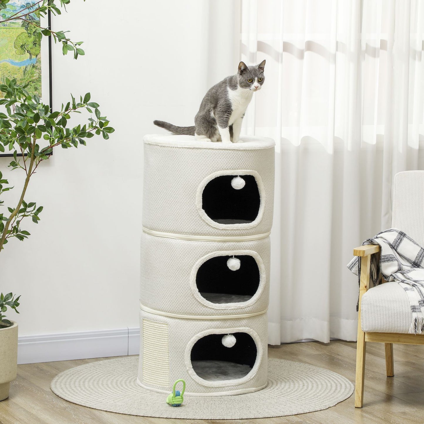 Cat Tower with Caves & Play Balls, Sisal, 100cm, Beige