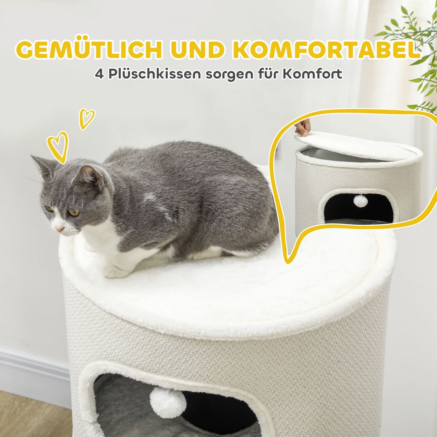 Cat Tower with Caves & Play Balls, Sisal, 100cm, Beige