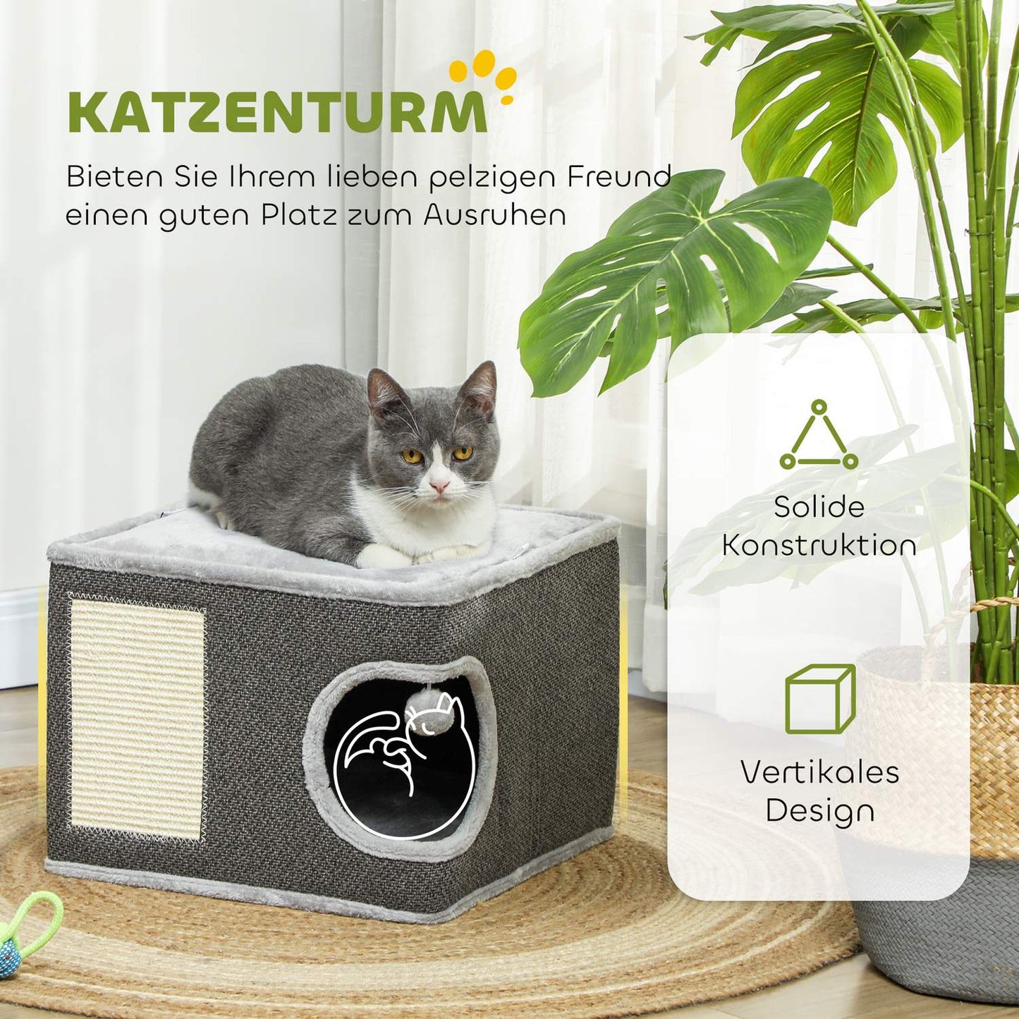 Cat tower with cave, sisal pole & play ball, 35 cm