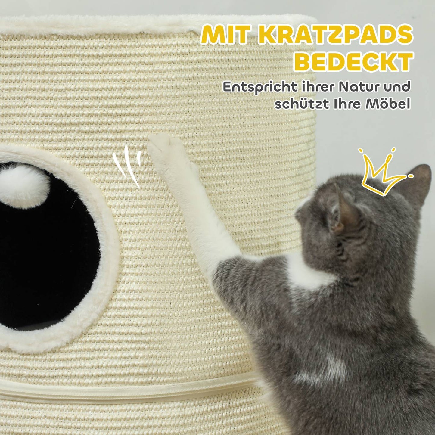 Cat Scratching Fat with Caves, 69 cm, Creme White