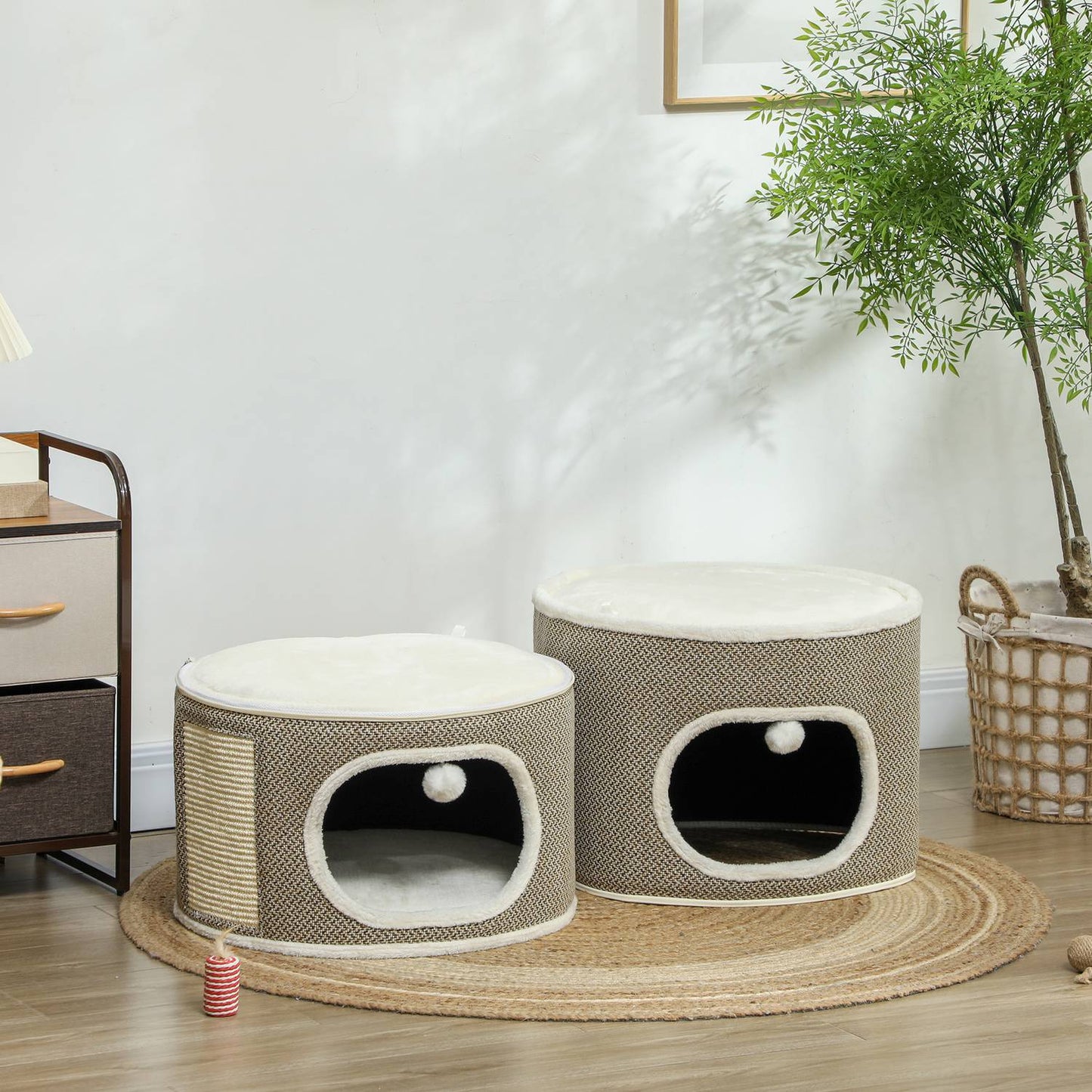 Cat Scratching Barrel - 2 caves, sisal, 69 cm, coffee/cream