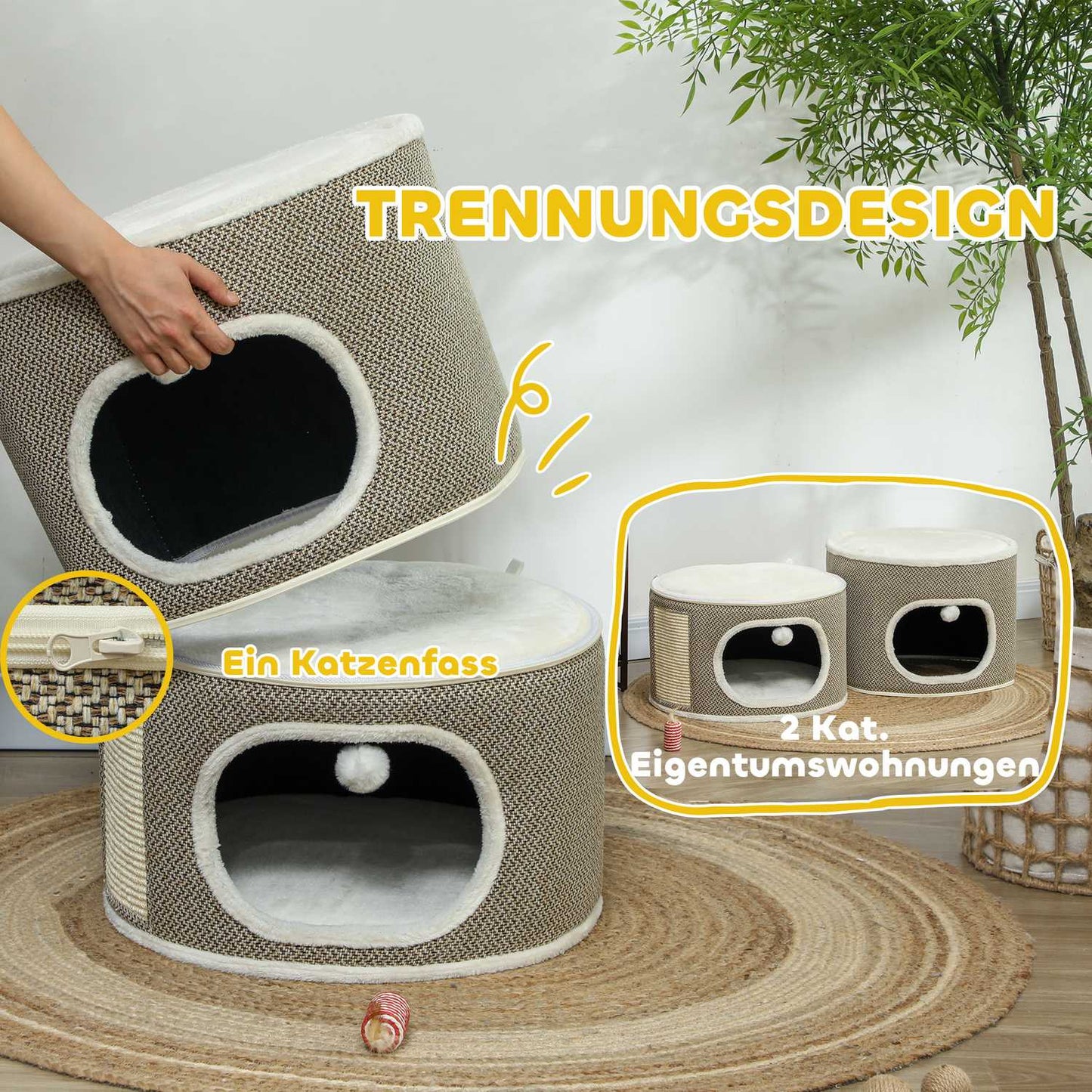 Cat Scratching Barrel - 2 caves, sisal, 69 cm, coffee/cream