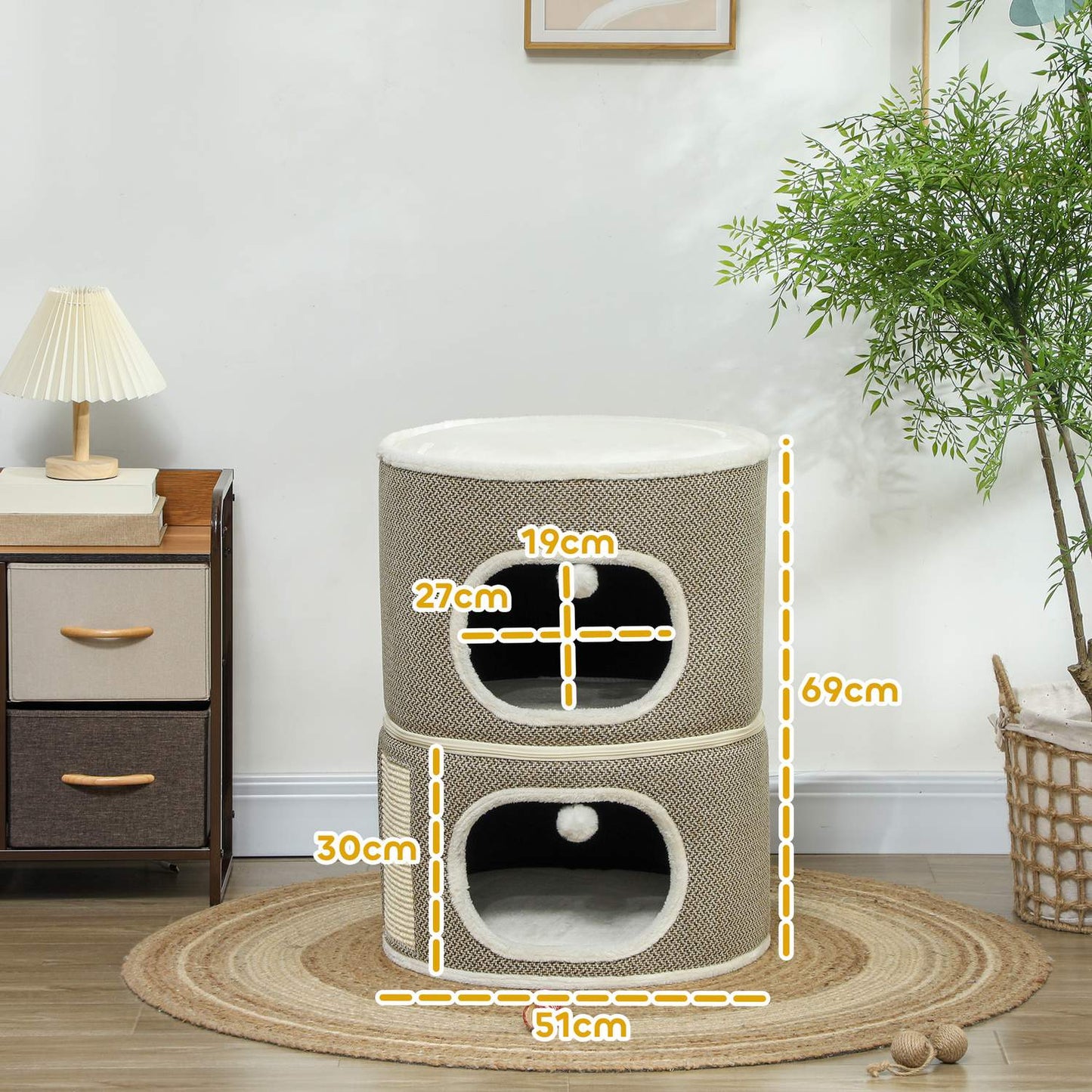 Cat Scratching Barrel - 2 caves, sisal, 69 cm, coffee/cream