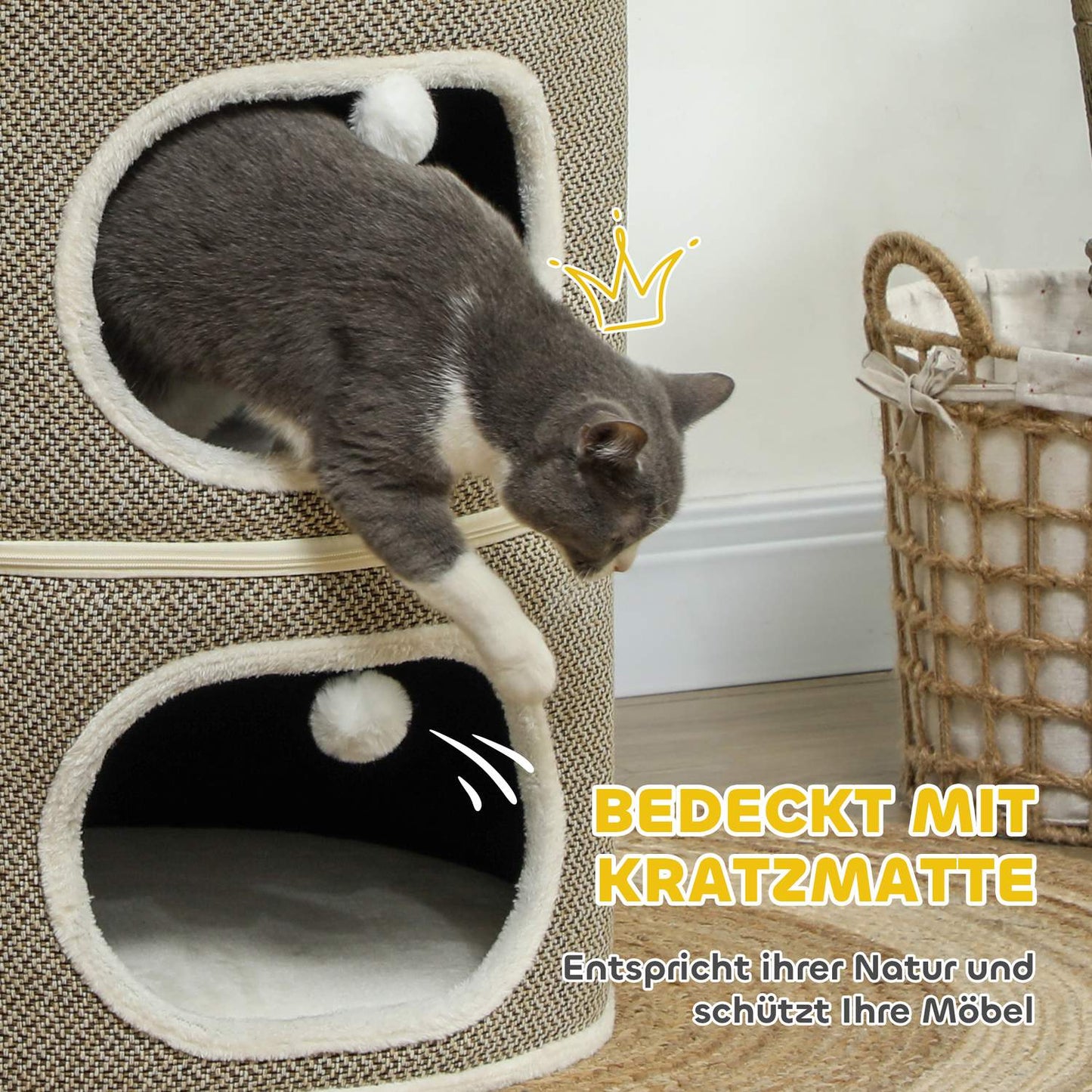 Cat Scratching Barrel - 2 caves, sisal, 69 cm, coffee/cream