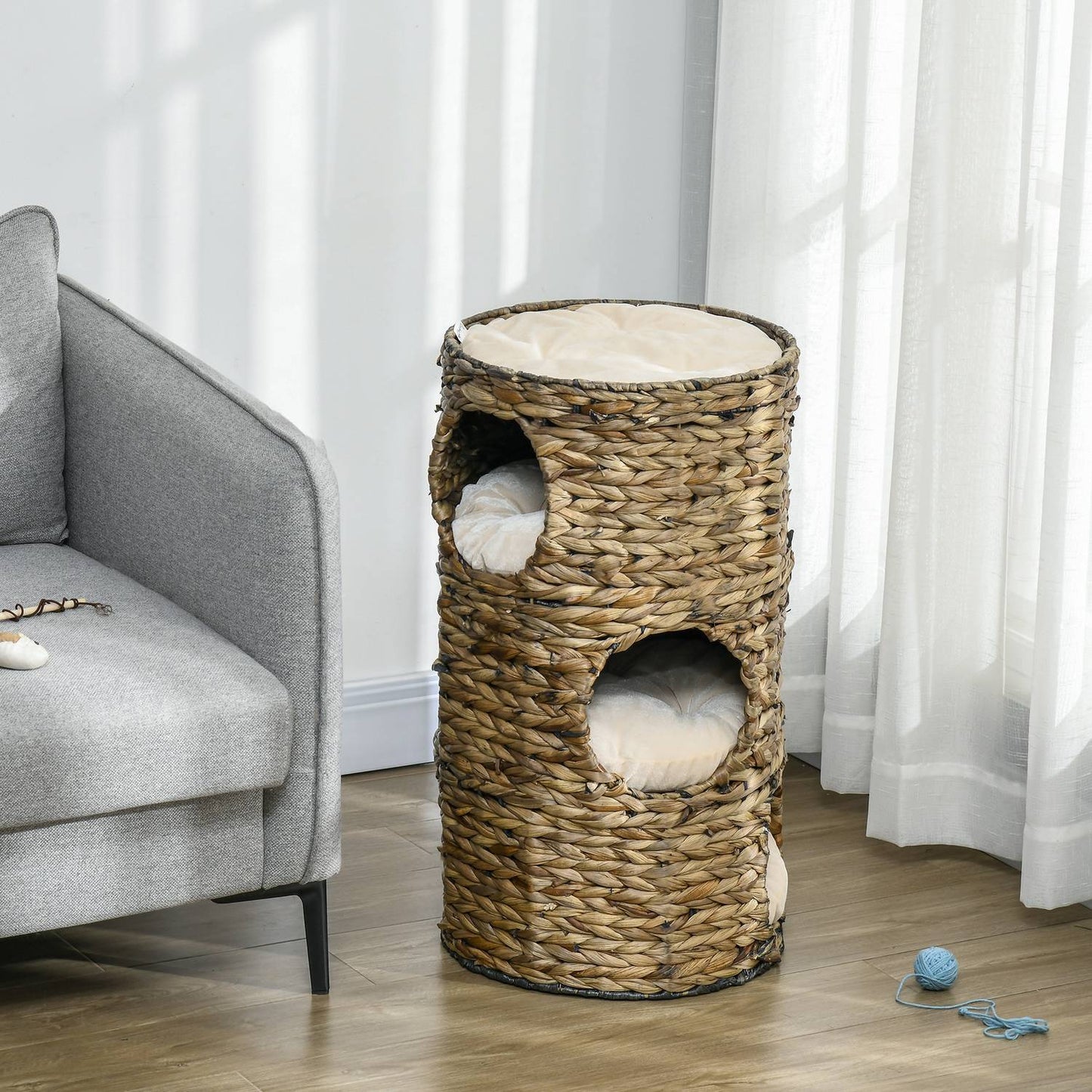 Cat tower with 3 caves & bed, 73 cm water hyacinth