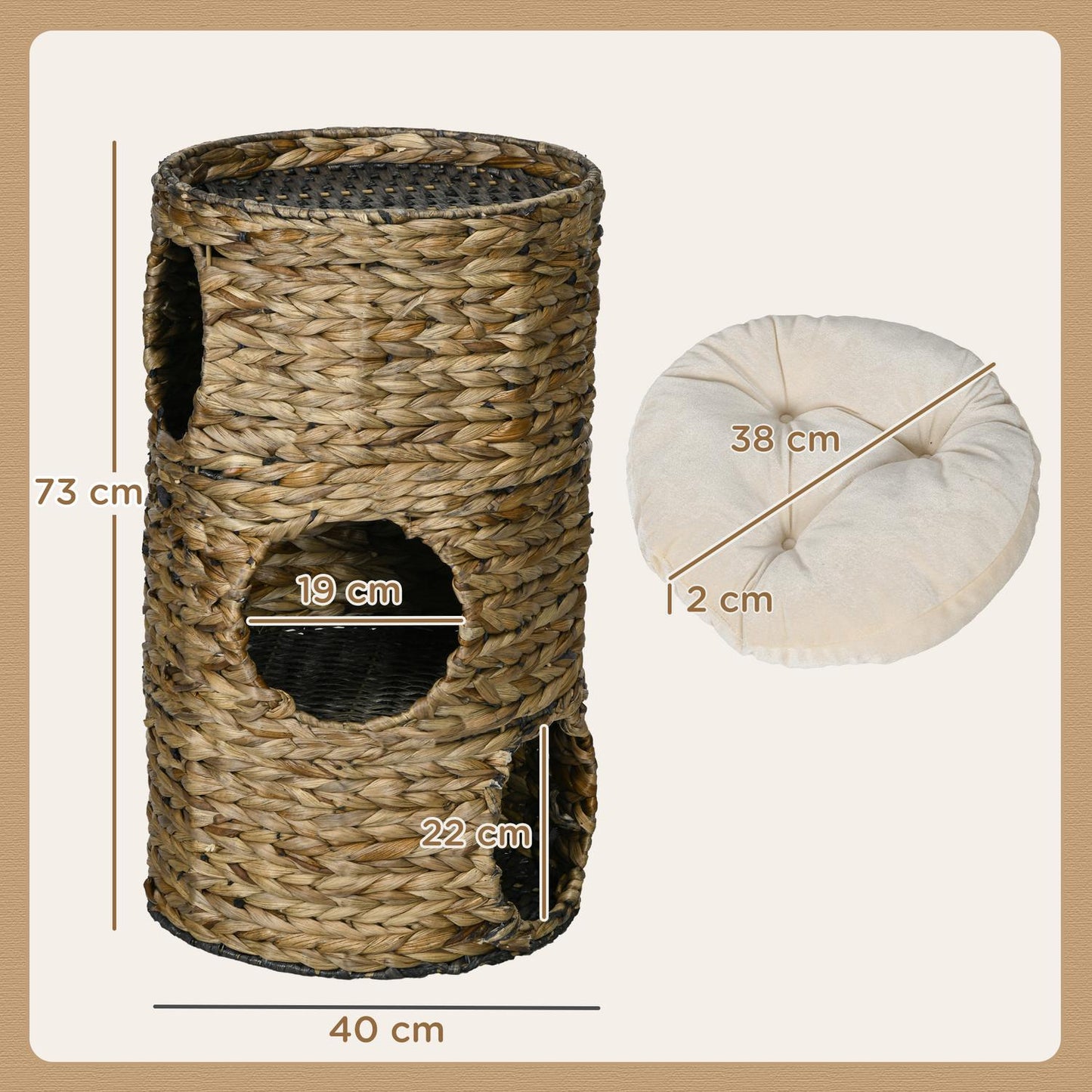 Cat tower with 3 caves & bed, 73 cm water hyacinth