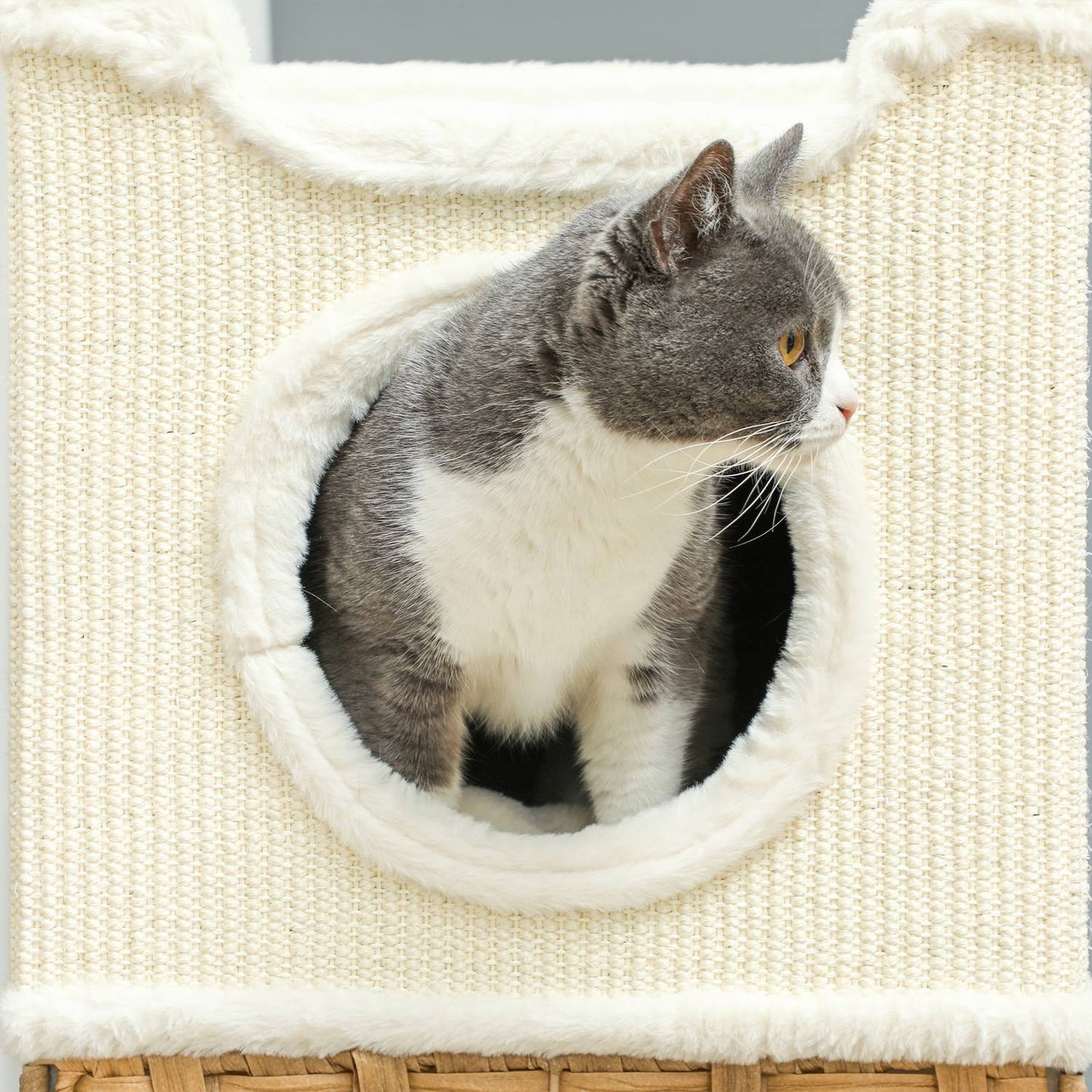 Three-Tier Cat Tree Tower, Cream White, Sisal Posts