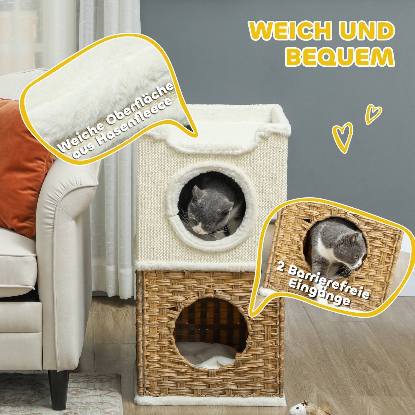 Three-Tier Cat Tree Tower, Cream White, Sisal Posts