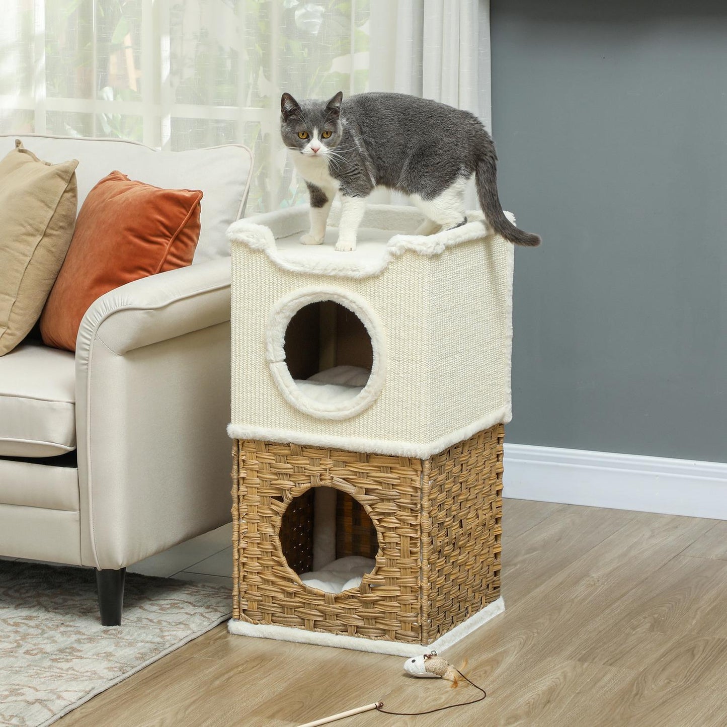 Three-Tier Cat Tree Tower, Cream White, Sisal Posts
