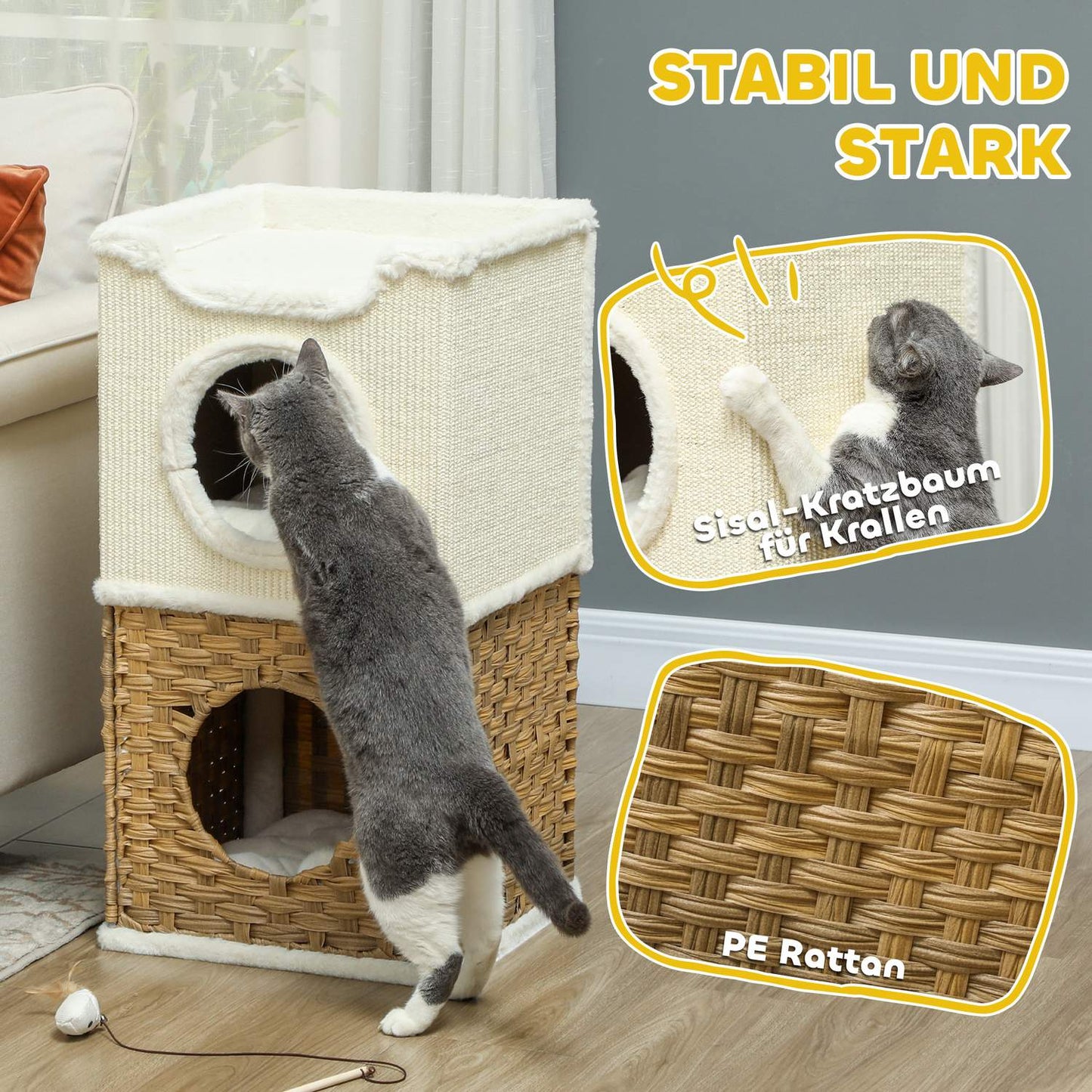Three-Tier Cat Tree Tower, Cream White, Sisal Posts