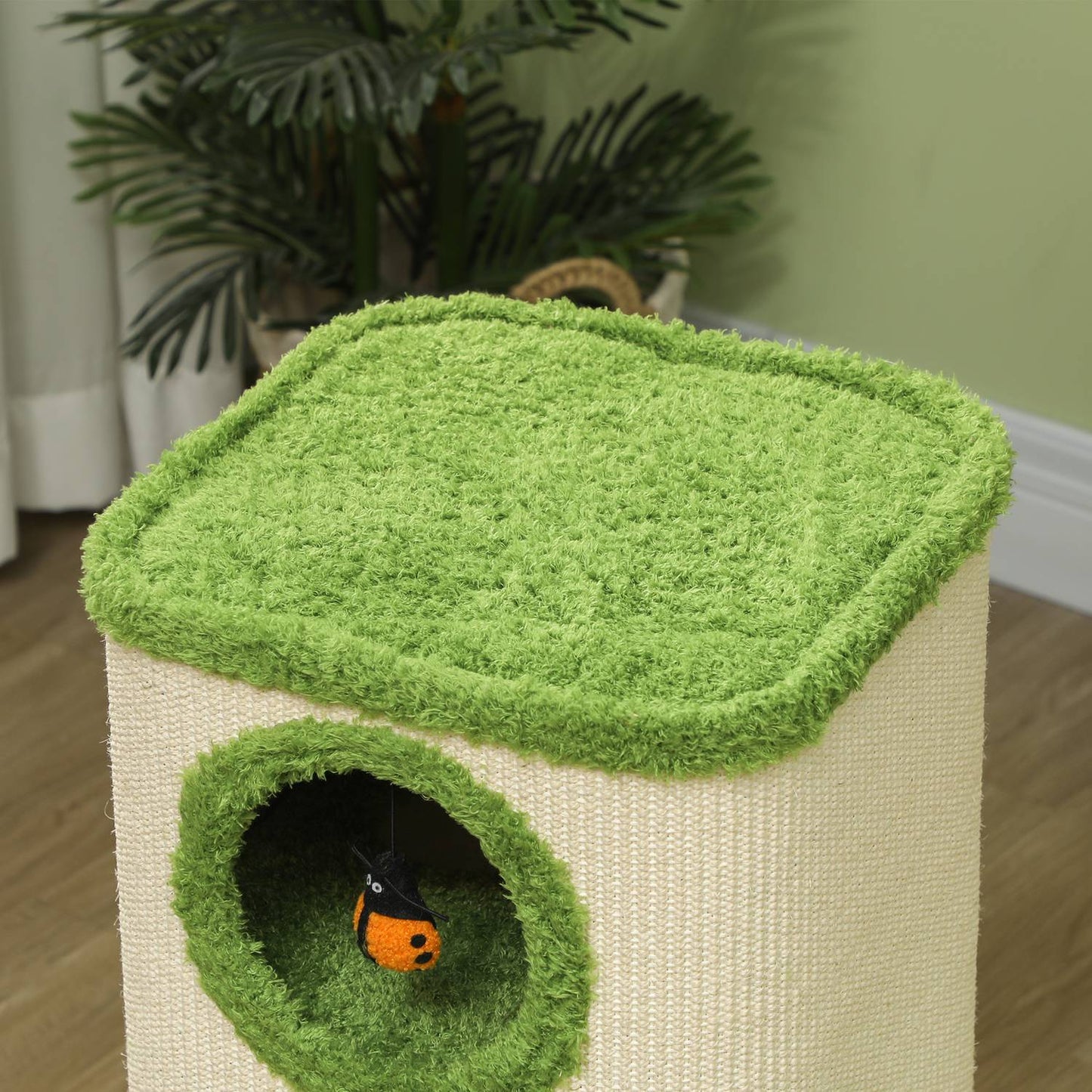 Cat scratching post with caves, sisal, toy, green, 76 cm