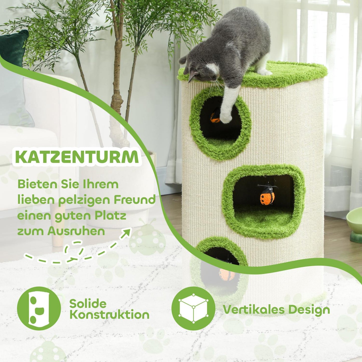 Cat scratching post with caves, sisal, toy, green, 76 cm