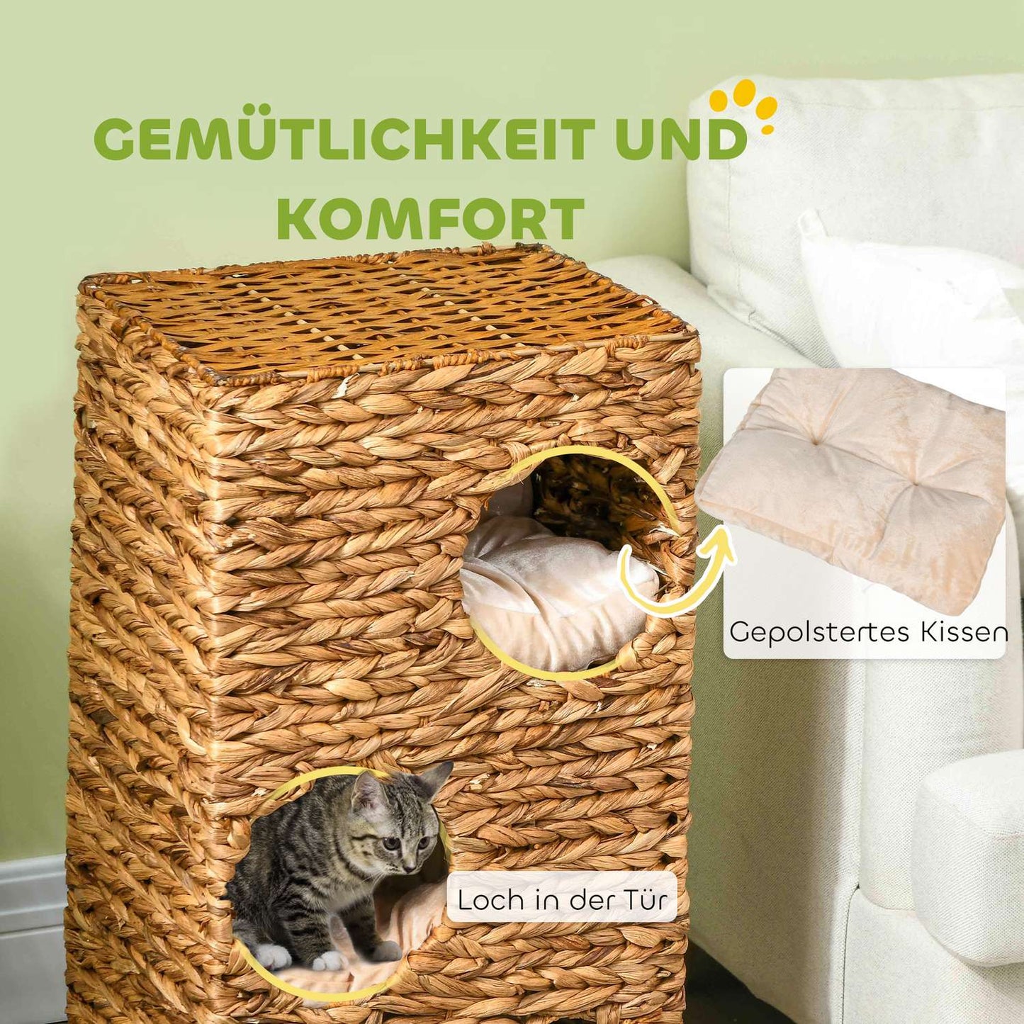 Cat Barrel Tower, 76 cm, 3 caves, water hyacinth, light brown