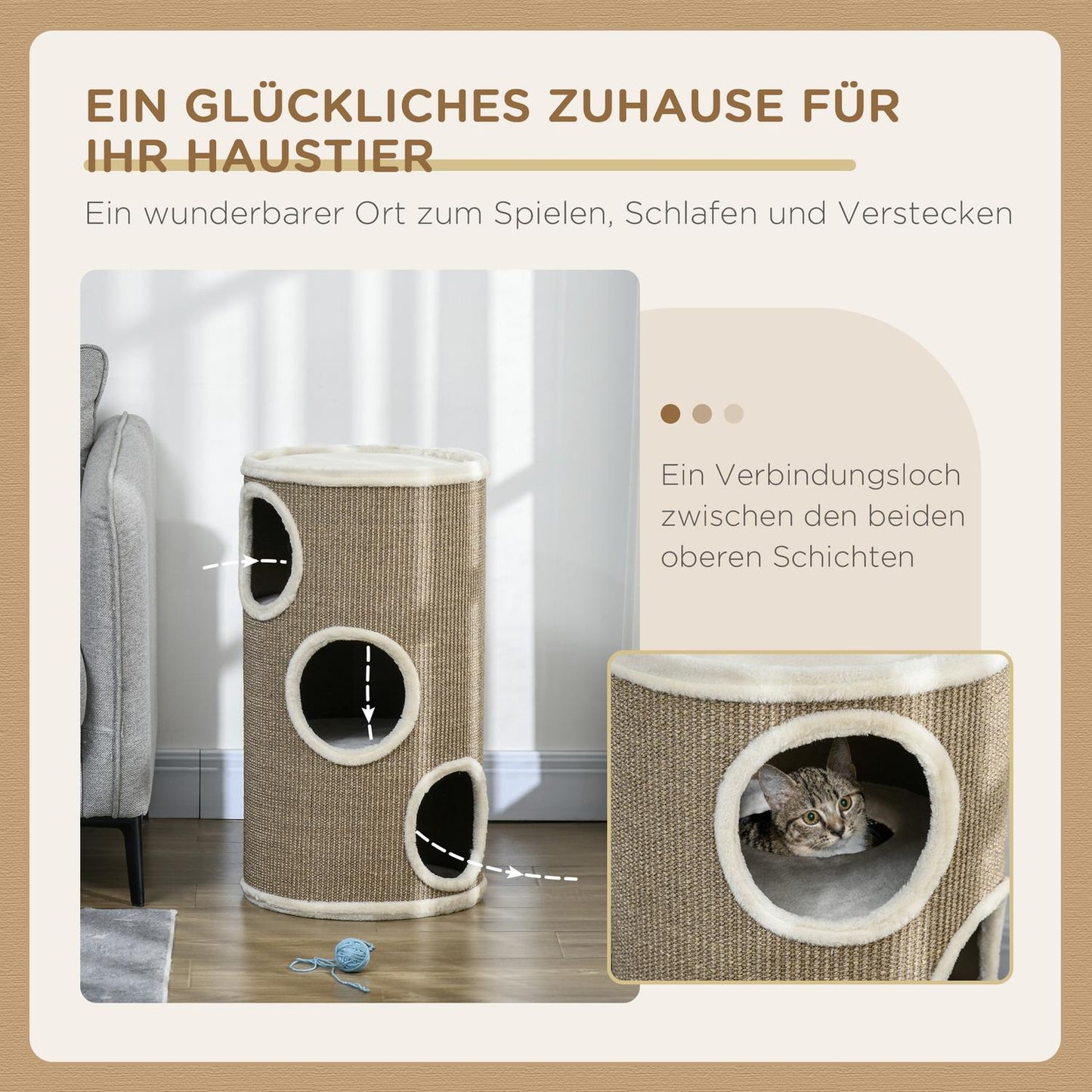 Cat Scratching Tower, 3 levels, sisal and plush, 70 cm