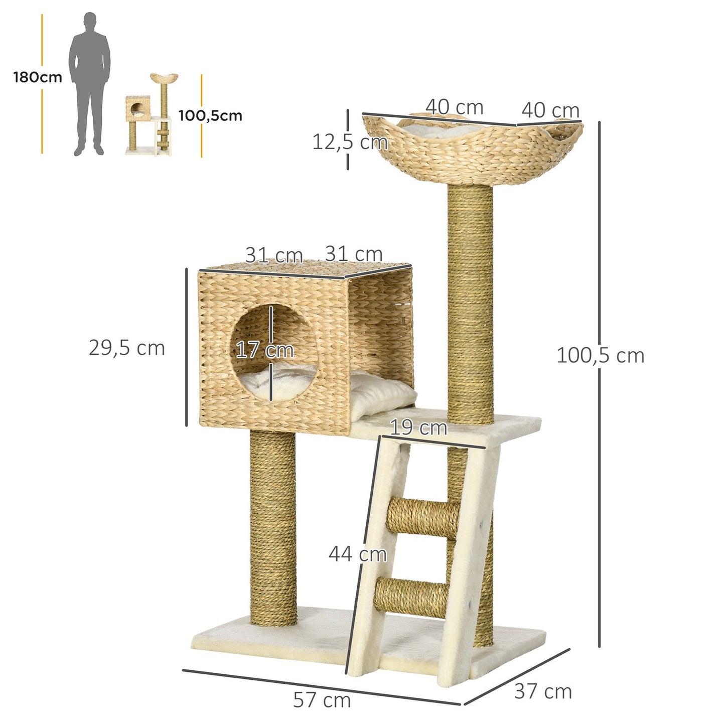 Cat tree with cave, bed, sisal poles and stairs